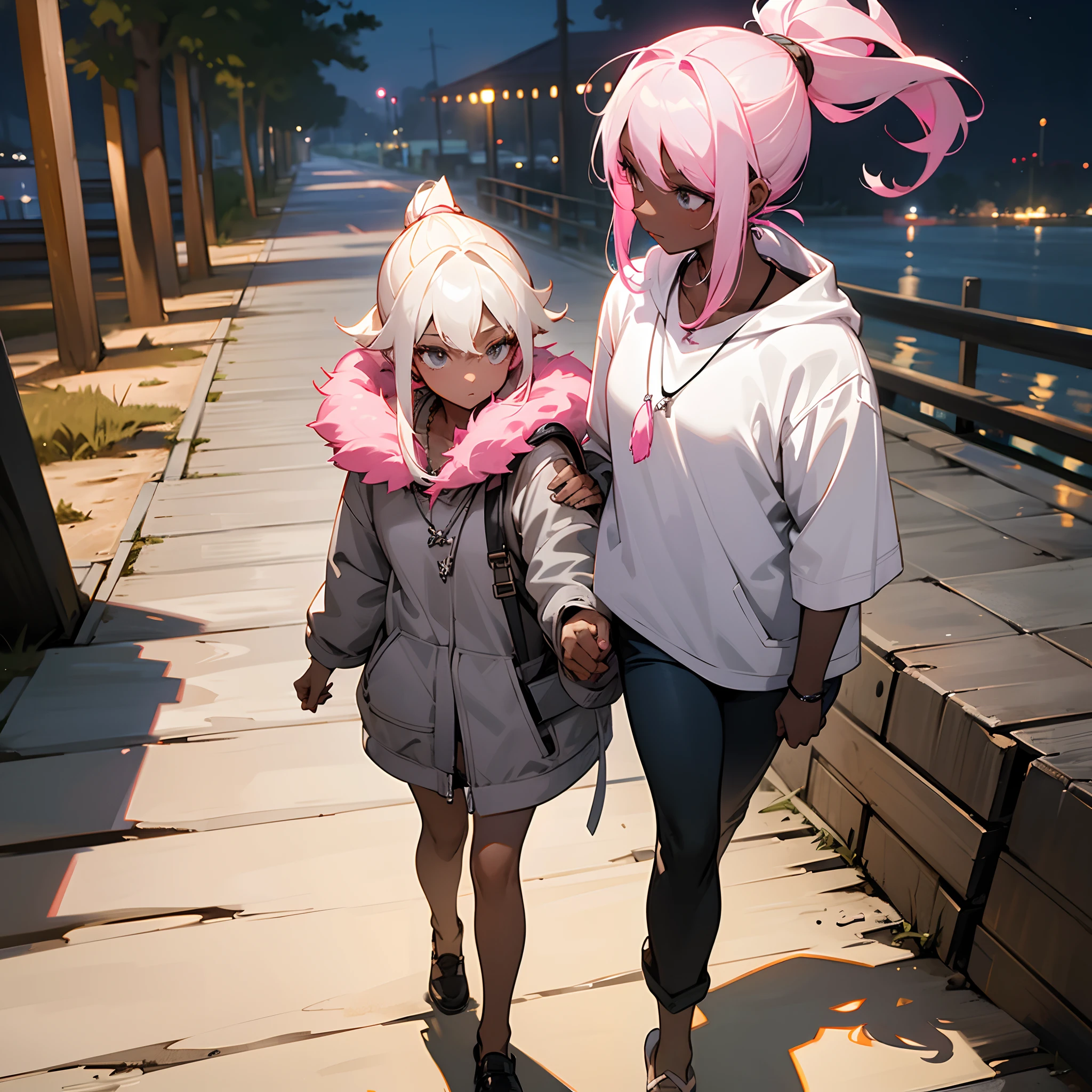 1female, teen, dark skin, pale blonde low ponytail with pink highlights, finely detailed grey eyes, loose casual clothes, jacket with oversized fur hood, necklace, best lighting and shadows, night time fishing village, walking down a path,