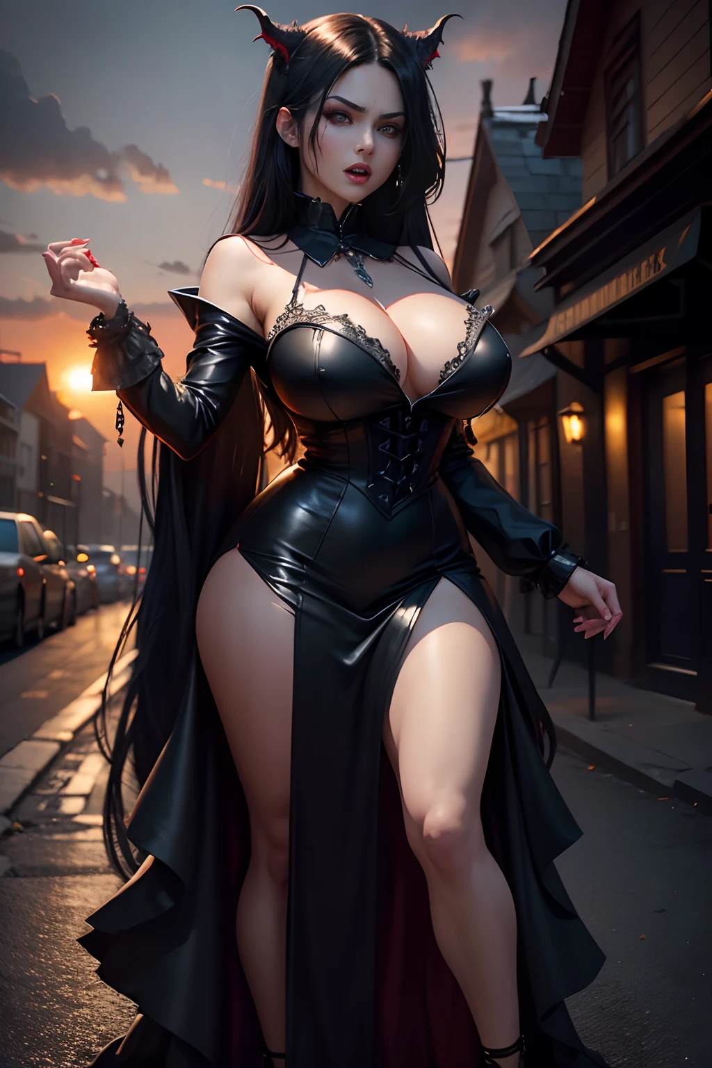 masterpiece, 8k, best quality, full body shot, 1girl, vampire, sexy female angry vampire, bloody face, fully clothed, long (black hair):1.2, red glowing eyes, snarling, open mouth, fangs, dark smoky eye makeup, wearing long leather dress, clawed hands, sunset town background, high definition, detailed, intricate, gigantic breast, cleavage, giga_busty, --auto