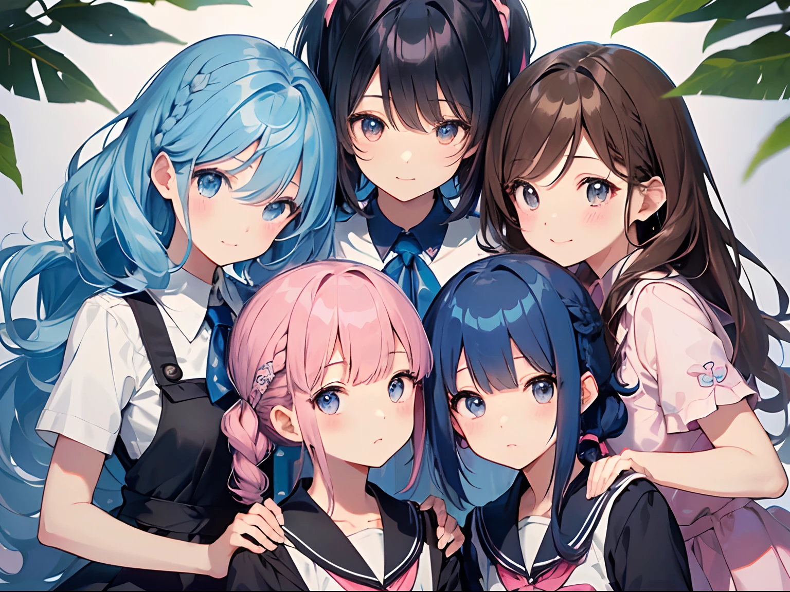 (Highest quality illustrations:1.2), (Kawaii Girl:1.1), (4-girls、Side by side), (4girl、15yo student、Lori、Gamine、A tiny、kawaii、cute little、tiny chest、ultradetailed eyes:1.2)、school classrooms、hi-school girl、high-school uniform、(((front facing))、Facing this way、sitdown、A smile、chum、Blake black hair、Blue-haired、Brown hair、extra very short hair、shorth hair、Middle hair、length hair、hair wavy、curlyhair、Light pink and braided hair、hime-cut、bob cuts、Twin-tailed、low twintails、poneyTail、Low ponytail in light blue、 BREAK(top-quality、ultra-detailliert、highly detailed and beautiful、超A high resolution、Detailed arm:1.2)、