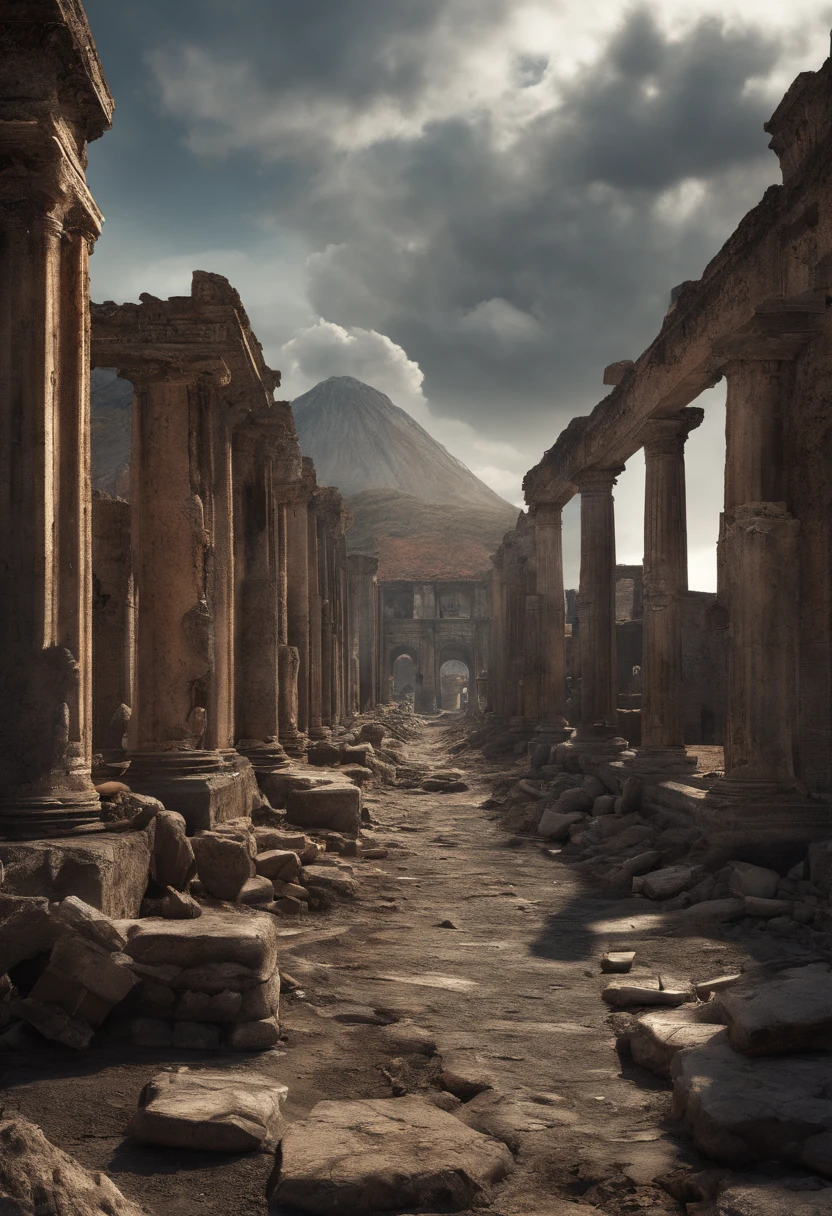 The Destruction of Pompeii, Cidade Romana, Mount Vesuvius, erupting, lava, dim sky, cinemactic, Ample free space, ambient lighting, Rochas Voadoras, cinza, pessoas correndo, 79 d.C.