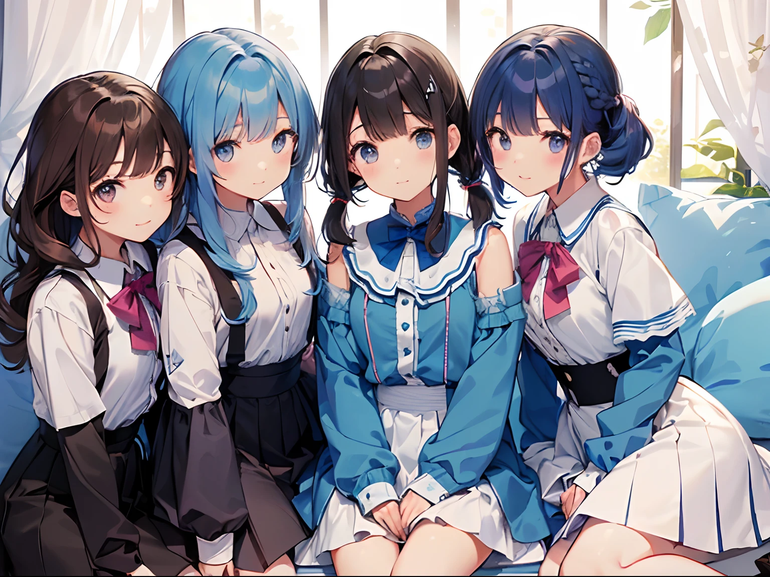 Plain white with emphasis on the chestTshirt、Ultramarine and white striped kirt flip、When you lift up her skirt you can see her cute white frilly underwear.、barefoot、library、Three girls of different heights Magical girl with a magic wand