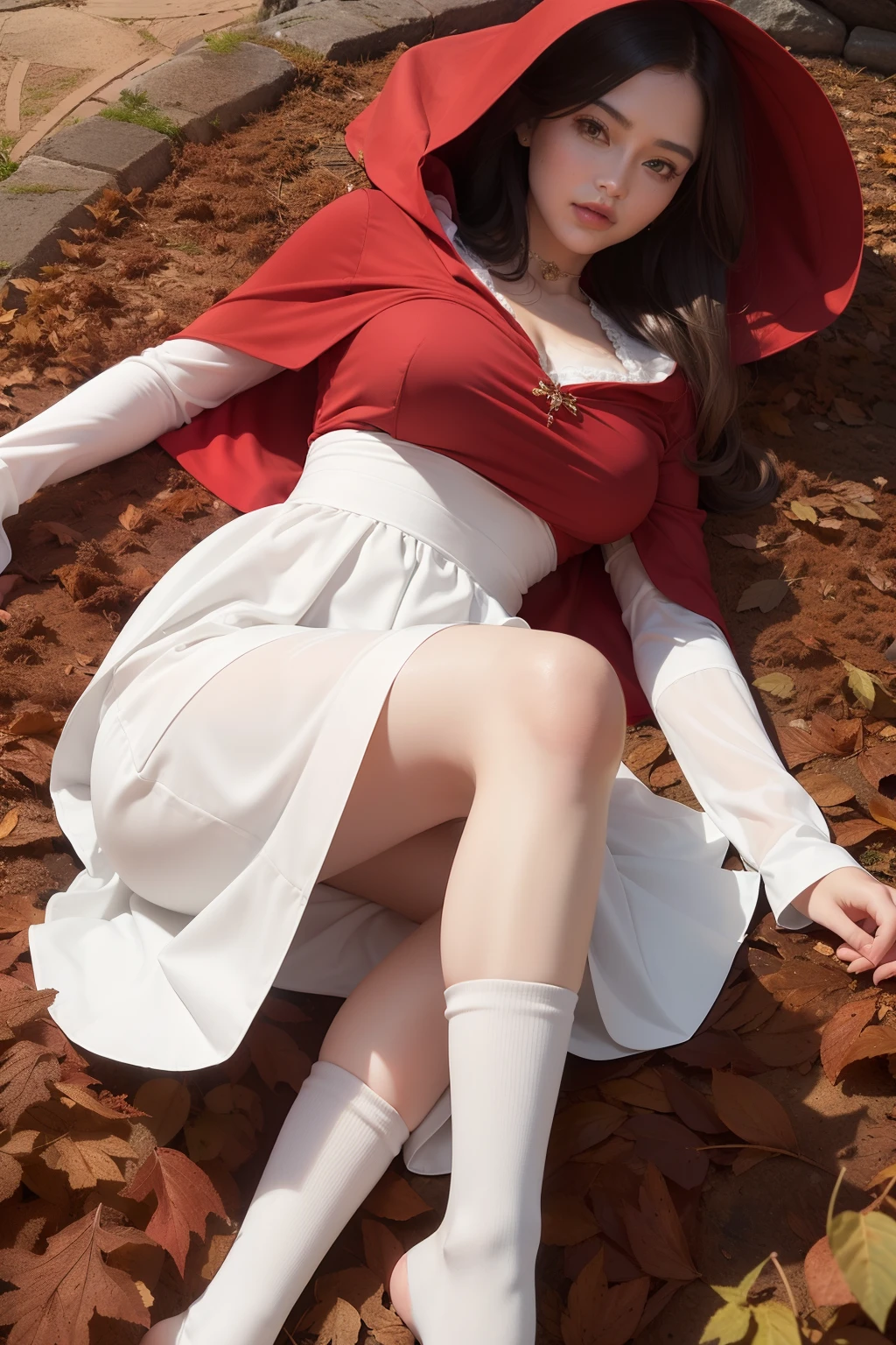 ((masterpiece, best quality, ultra-detailed, ultra-HD, photorealistic, cinematic)), medium camera shot, sensual pose, ((from above, lying face down on the ground that is full of dried leaves)), (alluring female as red riding hood), perfect anatomy, large cleavage, proportioned hands, red loose waves hair, (knee-length red hooded cape, a white puffed-sleeve blouse, and a modest knee-length dress in earthy tones), dynamic background