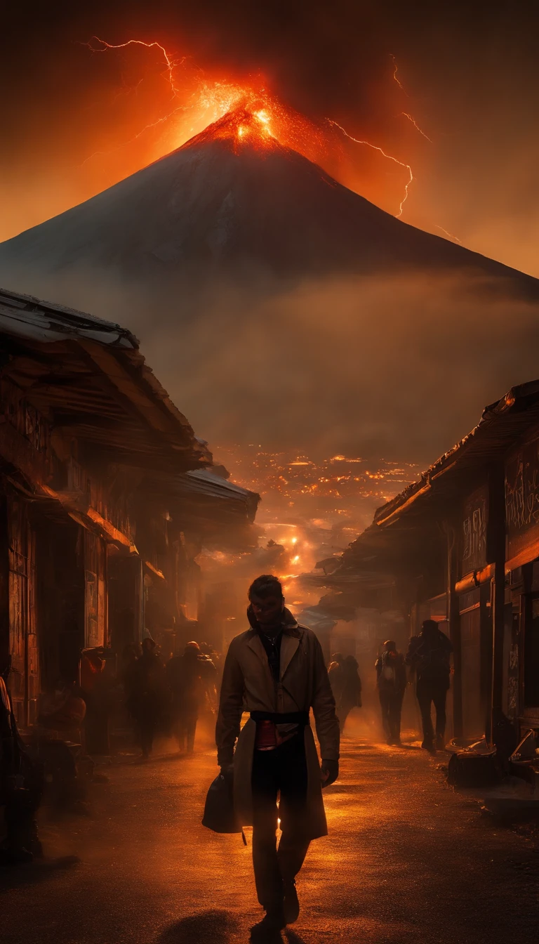 (Light field photography,Volcanoes photographed using supernatural light,chaos:1.25),(Fiber optic coating,Light painting:1.2),Volcanic eruption in postmodern art style,Magma quicksand,Soaring magma,Thick cloud of volcanic ash,The erupting volcano merges with the mushroom cloud,Ruins of a city flooded by magma,Fleeing crowds,Japanese light novel cover illustration style,Retina-scale realistic rendering,Photorealistic rendering,Wear colorful oil nebula and shine big,Decomposition and refactoring,Quantum projection technology,(Volcano cyberpunk graffiti painting of mysterious symbols all over the body,Old totem with futuristic rock art,A projected virtual reality light and shadow city in front of the volcano:1.45),Vector information magic array,Vector particles disperse at the edge of the volcano,