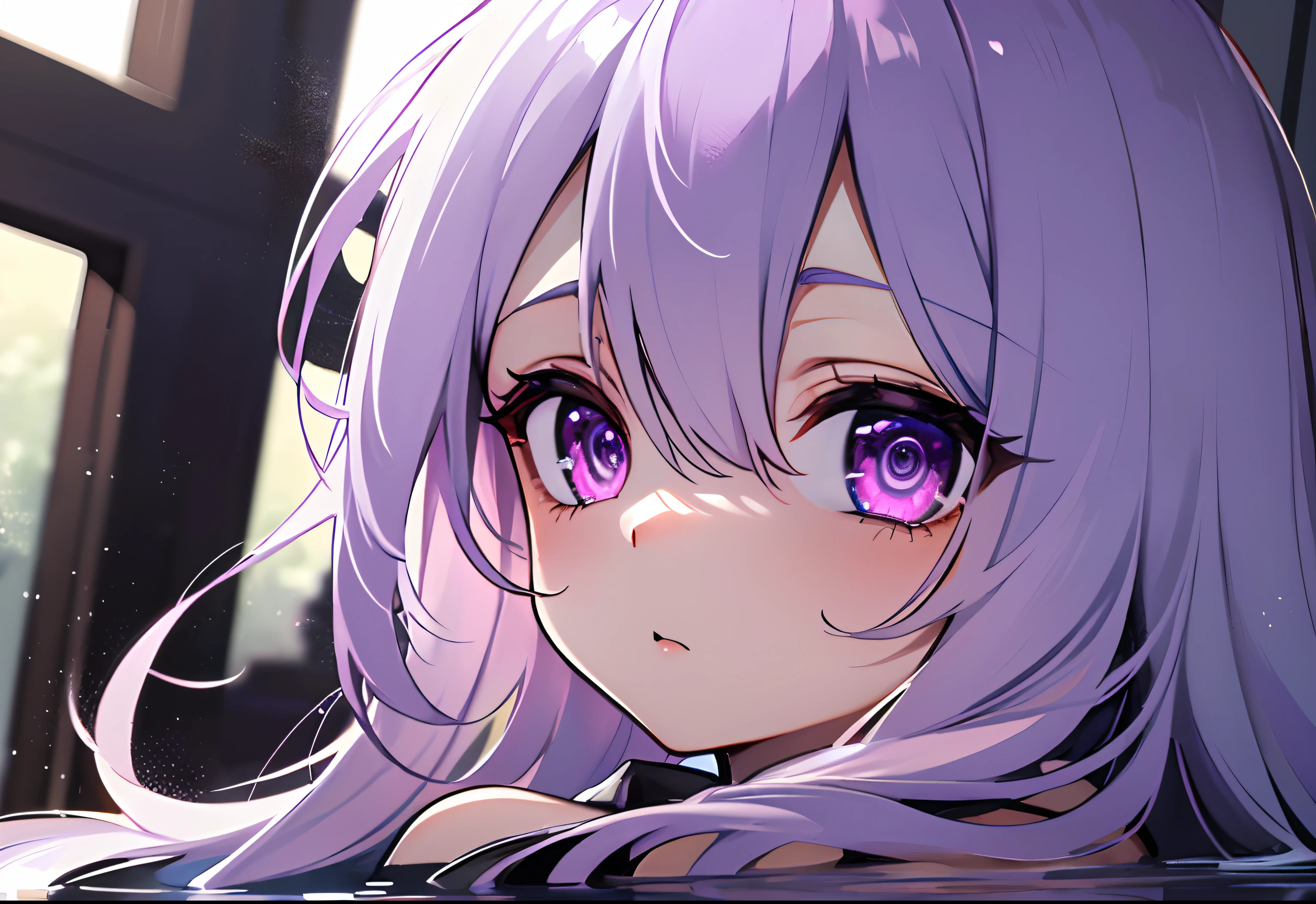 8K、Masterpiace、hightquality、portlate(Very cute young girl、Beautiful hair, Eyes are purple, Miraculous Eye,Big anime purple eyes、(Water in the eyes)、doress。 Soft light、Particles of light)