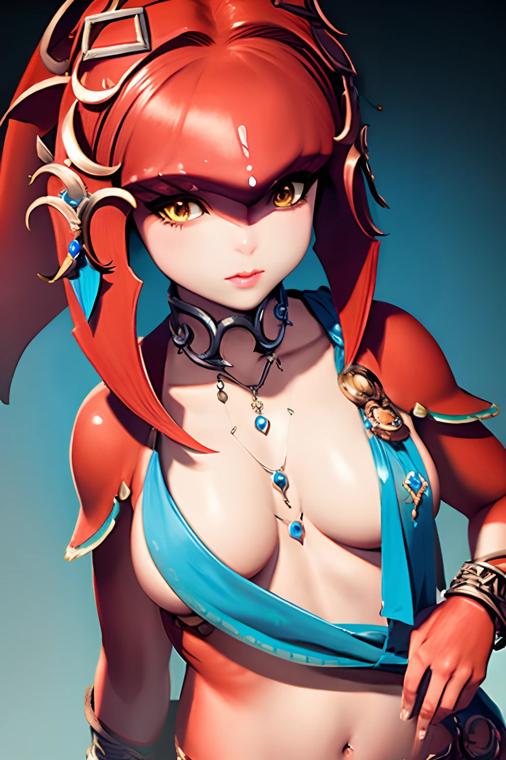 mipha \(zelda\), nsfw, realistic , asymmetrical breasts, (masterpiece), in the style of Granblue Fantasy, ****