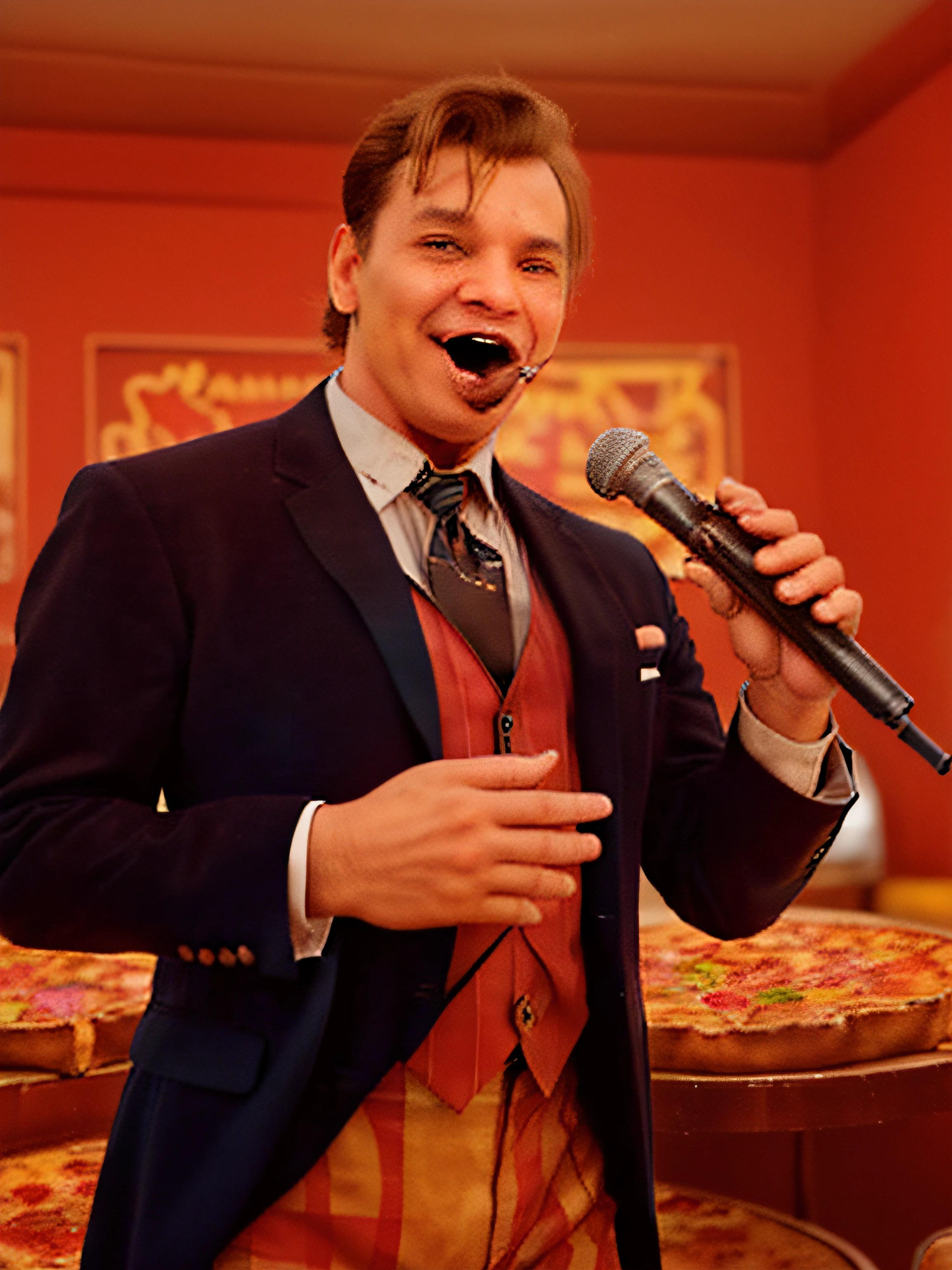 Man in Freddy Fazbear's Pizzeria, singing in the Style of Frank Sinatra. Animatronics can be seen behind him in a big band.