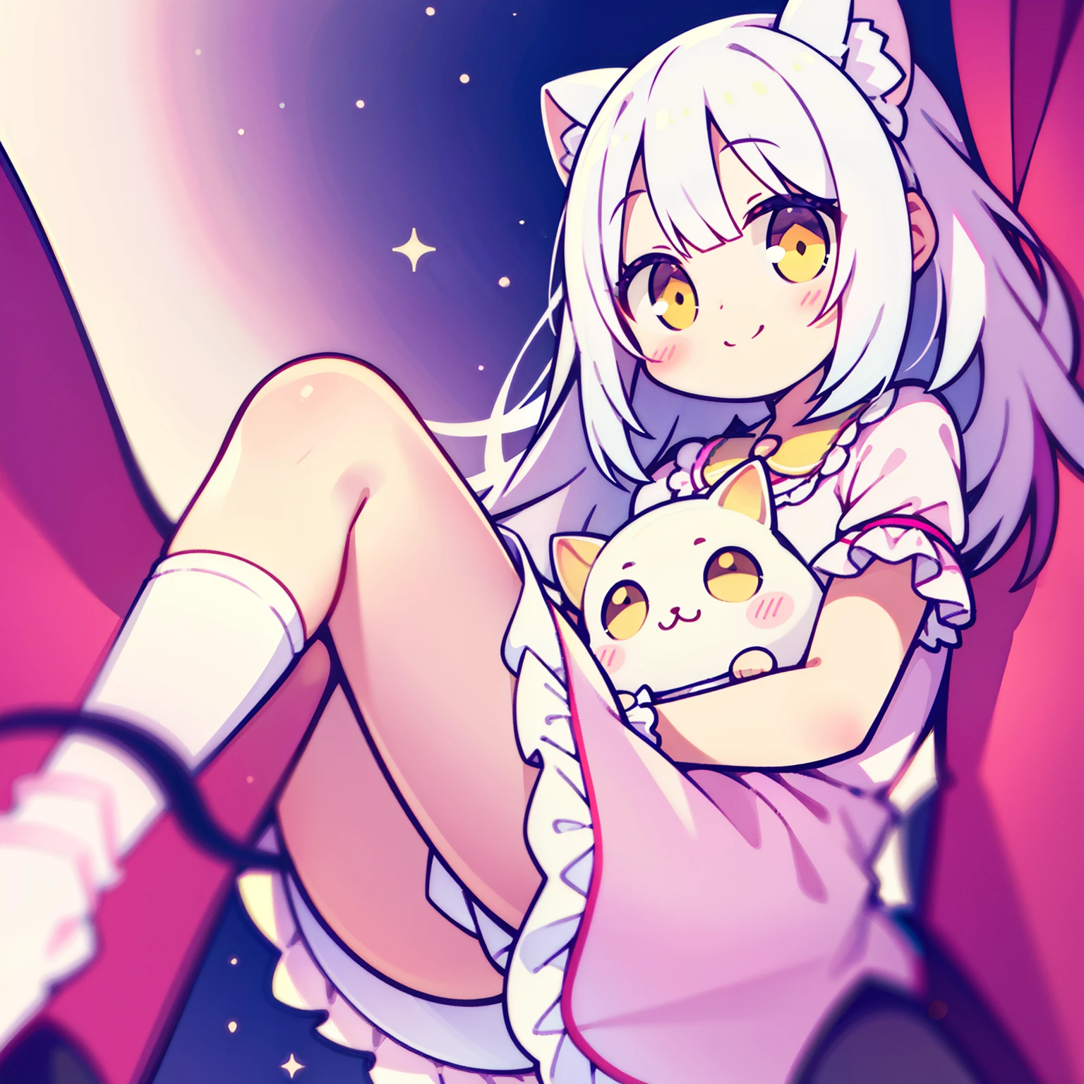 Lovely,kawaii girl,big yellow eyes,rosy cheeks, frilly socks,pastel dress,1:1 head to body, smiling happily, white hair, plain backdrop,Upper Body
