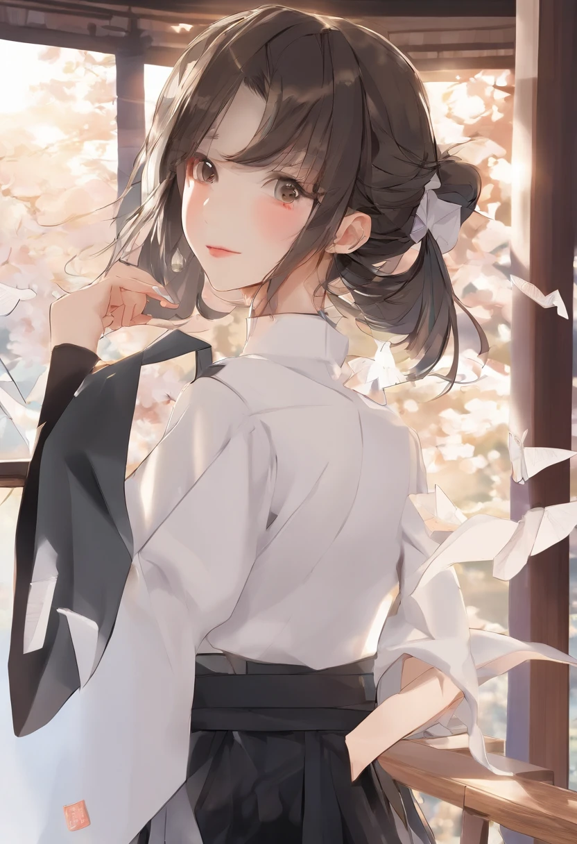 top-quality,Masterpiece,masterpiece,8K,32K,high-level image quality,High pixel count,Detailed depiction,(1人の女性,1girl in,独奏),Brown hair,short-hair,bob cuts,Brown eyes,,Smile with plenty of room,Black Turtleneck T-Shirt,long-sleeve,((up of face,(Slightly left-facing face),Beautiful face,detailed face depiction)),Bright depiction,,Temple of Japan,kyoto,Temple behind,dusk sky,evening glow,细致背景,Be in the middle of the screen,