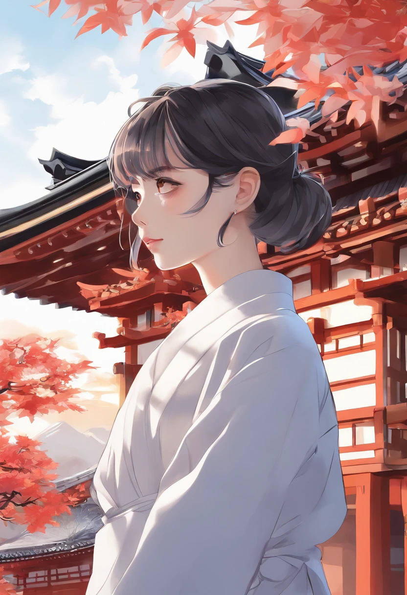 top-quality,Masterpiece,masterpiece,8K,32K,high-level image quality,High pixel count,Detailed depiction,(1人の女性,1girl in,独奏),Brown hair,short-hair,bob cuts,Brown eyes,,Smile with plenty of room,Black Turtleneck T-Shirt,long-sleeve,((up of face,(Slightly left-facing face),Beautiful face,detailed face depiction)),Bright depiction,,Temple of Japan,kyoto,Temple behind,dusk sky,evening glow,细致背景,Be in the middle of the screen,