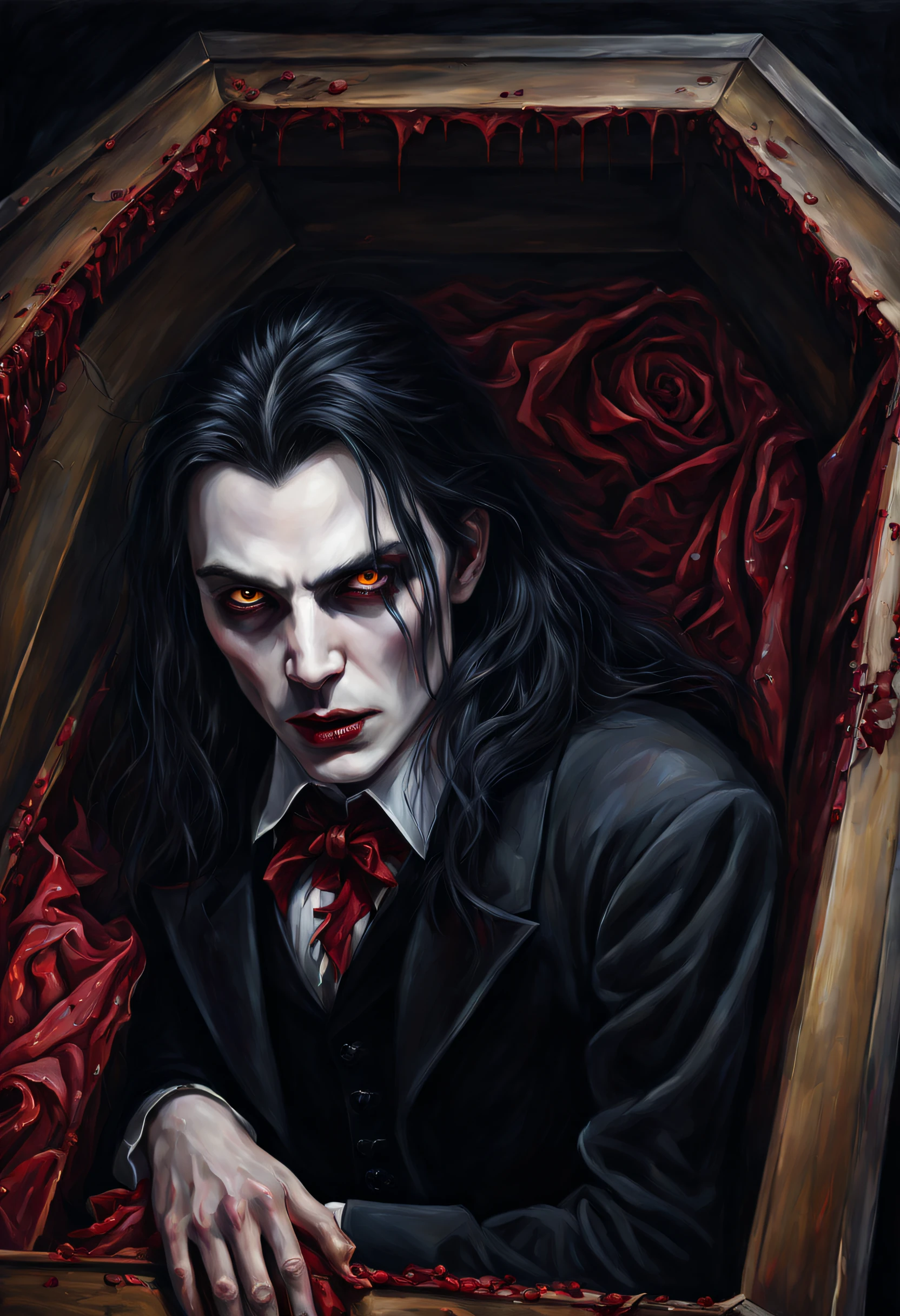 (vampire,horror),(inside,his,coffin),(dark,spooky),(detailed,portrait),(best quality,ultra-detailed),(oil painting),(eerie lighting),(vivid colors),(sinister,gothic),(pale skin),(sharp fangs),(blood-red eyes),(creepy atmosphere),(haunting),(mysterious aura),(long,black hair),(elegant,Victorian),(silence,calmness),(nighttime),(haunting silence)