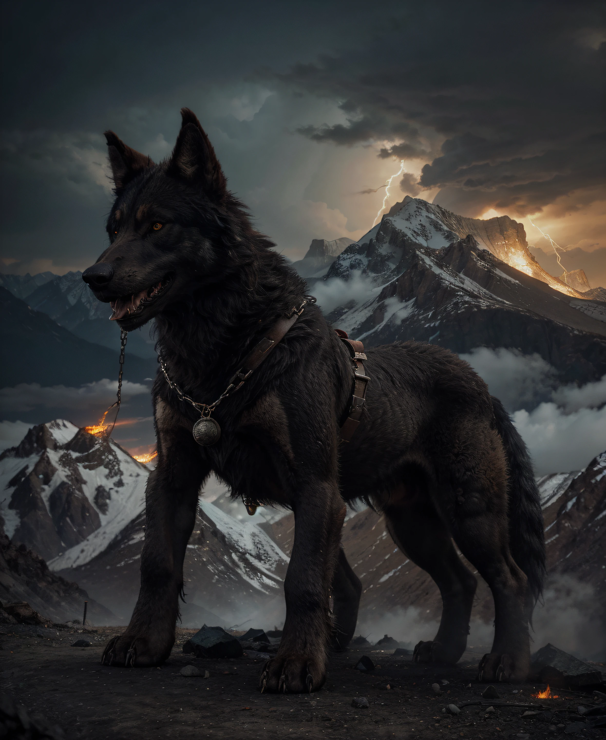 Giant wolf Fenrir, protruding from the mountains, fire emanates from its mouth, on its legs it has broken shackles with chains hanging, red eyes, angry, anger, realistic illustration, 4K, detail, apocalyptic, lightning, darkened sky, dark magic