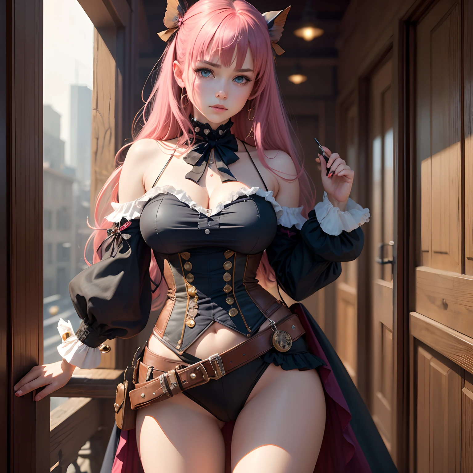 8k, masterpiece, best quality, realistic, higly detailed, cowboy shot, 1girl, solo, Nino, cute, cold-looking girl, waist-length straight hair, square bangs hanging over eyebrows, reddish-pink hair, twin butterfly-shaped ribbons on both sides of head, dark blue eyes, average height, well-endowed figure, large breasts, fashionable girl, various cute accessories, takes care of nails, Steampunk