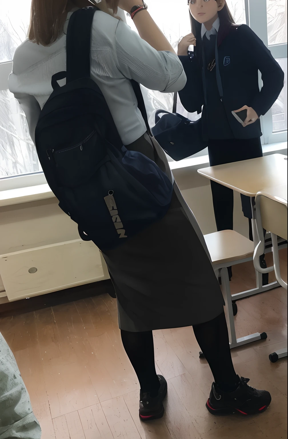 There are two women with a backpack in the room, with backpack, in class, in the school classroom, standing in class, with a figure in the background, 8K)), Student, school classroom, school bag, The man has a backpack, wearing skirt, Ao fundo, sitting in the classroom, full subject shown in photo