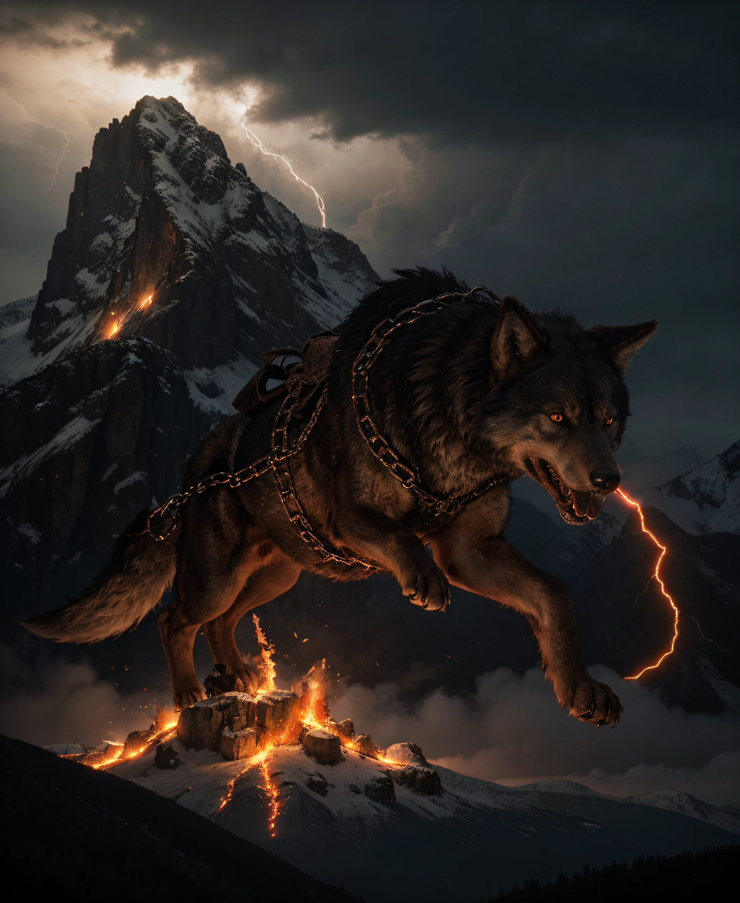 Giant wolf Fenrir, protruding from the mountains, fire emanates from its mouth, on its legs it has broken shackles with chains hanging, red eyes, angry, anger, realistic illustration, 4K, detail, apocalyptic, lightning, darkened sky, dark magic
