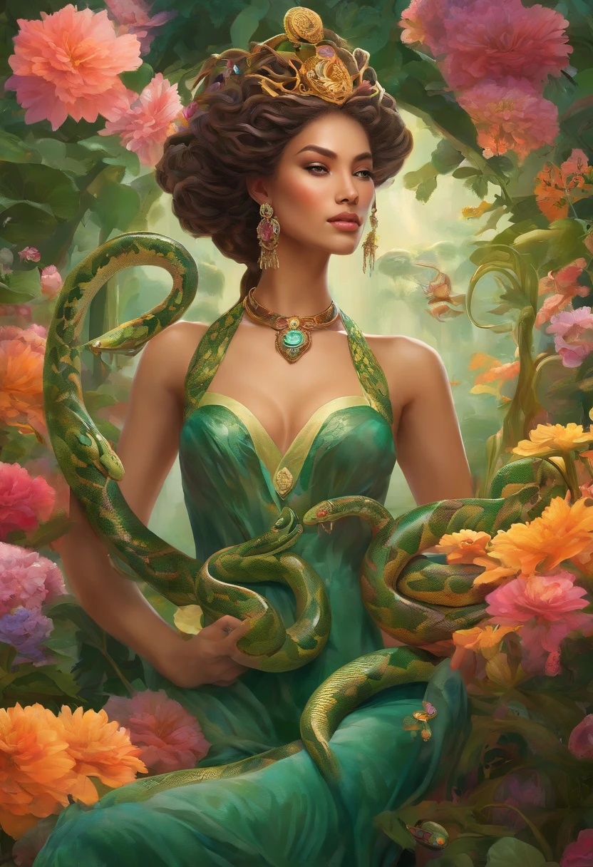 In a garden, Queen Medusa stands tall with her serpent hair slithering around her head, captivating the viewers with her stunning and mesmerizing gaze. Her beautiful detailed eyes, with long eyelashes, are vibrant and piercing, filled with power and grace. The intricate scales on her face and the delicate curves of her lips add to her enchanting allure. She radiates an air of elegance and confidence, dressed in a flowing gown that depicts snakes intertwining with flowers, symbolizing her dual nature of beauty and danger. 

The scene is set against a vibrant background, with lush green foliage and vibrant flowers in full bloom. The garden is bathed in warm sunlight, casting soft, golden hues on the surroundings. The atmosphere is filled with a sense of tranquility and mystery, as if time stands still in this enchanting place.

The artwork is created using a mix of traditional painting techniques and digital rendering, resulting in a masterpiece that showcases the best quality and ultra-detailed craftsmanship. The colors are vivid and vibrant, adding depth and life to the artwork. The lighting is carefully crafted, casting realistic shadows and highlights, enhancing the three-dimensional feel of the image.

With this prompt, Stable Diffusion will create a stunning portrayal of Queen Medusa, capturing her beauty, power, and allure, while immersing the viewers in a magical garden filled with lush greenery and vibrant colors.