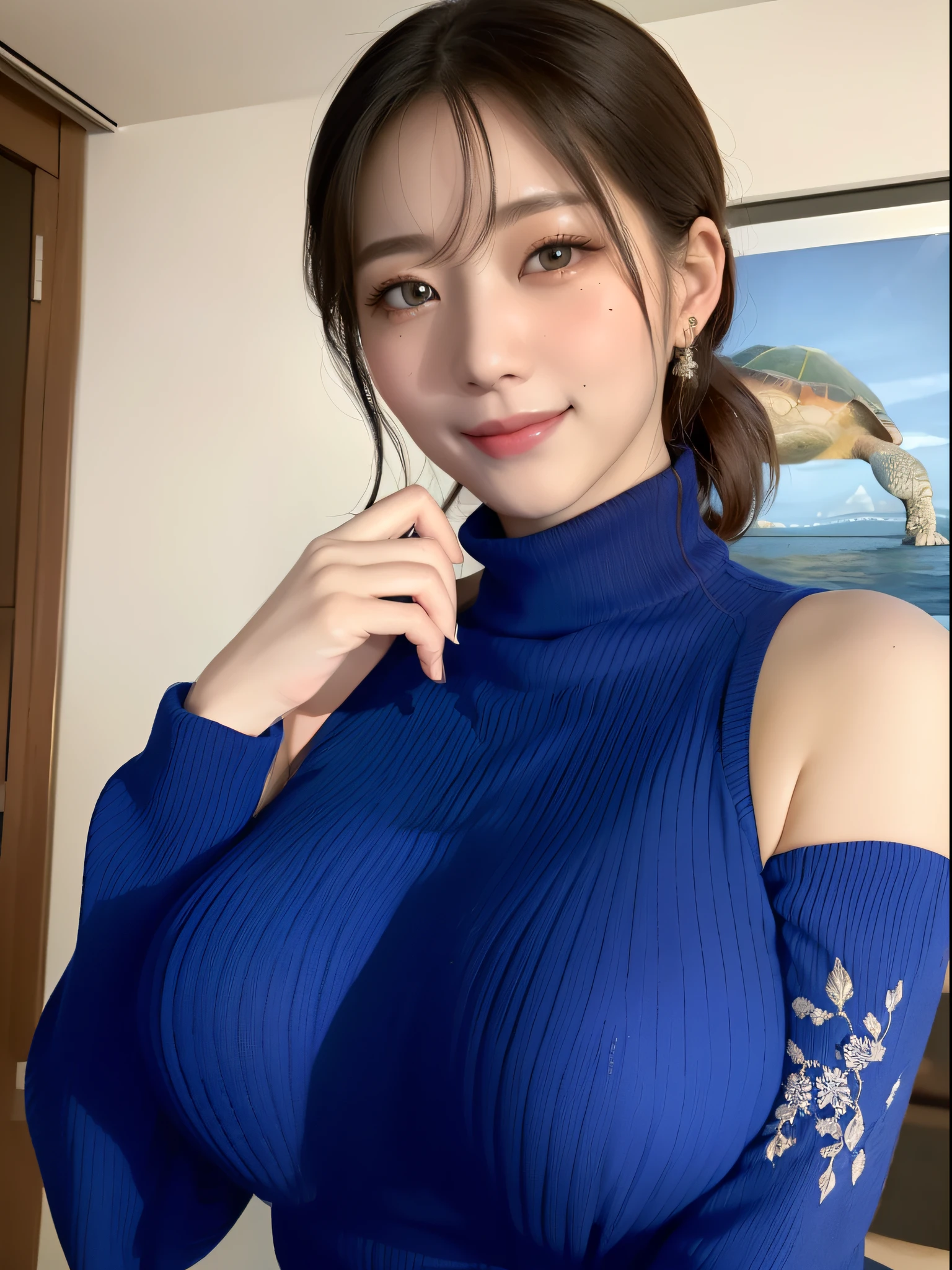 Japan woman in turtleneck sweater、
(((​masterpiece))), ((top-quality)), ((intricate detailes)), (((hyper realisitic)), Absurd resolution, Near and far law, ighly detailed, Realistic, 1girl in, ((Colossal tits)), perfect hand, Detailed finger, beatiful detailed eyes, shorth hair, Brown-eyed,(turtle neck:1.2), tight skirts, 细致背景, a choker, perfect  eyes, mesmerizing eyes, Look at viewers, from the front side、A smile、Mole on the mouth、Blue knitted dress、Carboy Shot