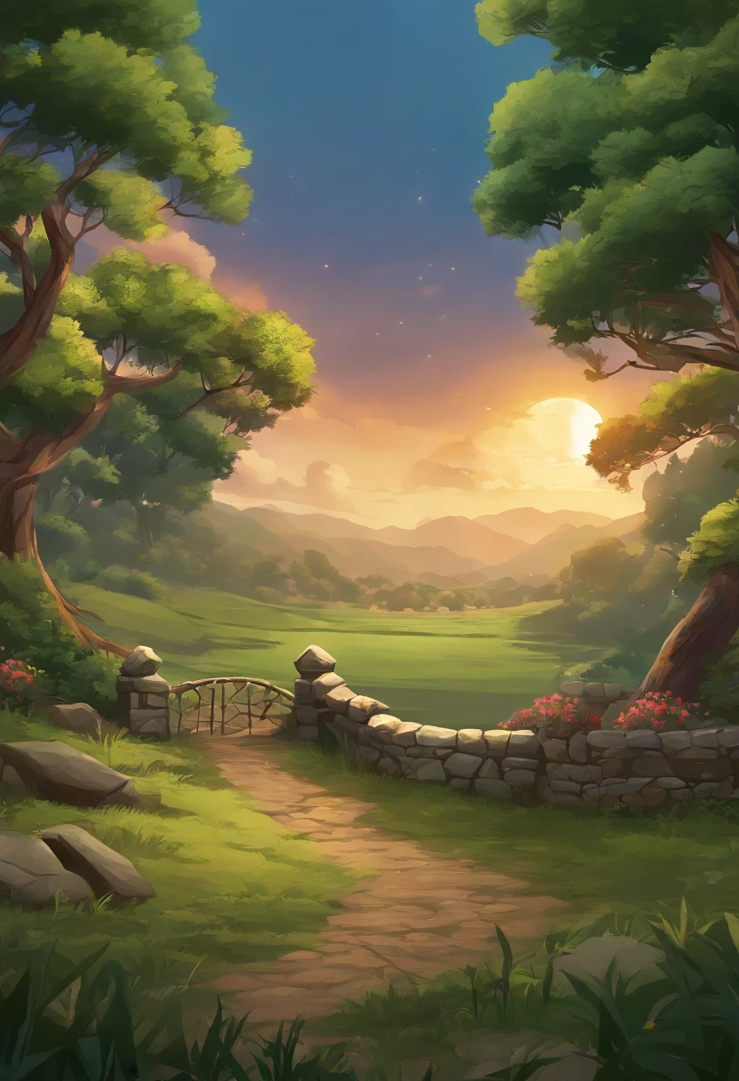 Arte de fundo para jogo 2D, Campo de batalha de fundo, alta qualidade, hd illustration, Fundo do JRPG, fundo do RPG, battle scenery, Game scenario, estilo anime, JRPG, cores simples, Gradient SEM,