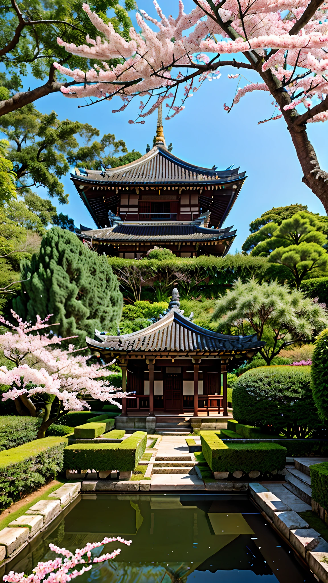 absurd, highres, ultra detailed, beautiful, masterpiece, best quality,Ancient temples, lush gardens, bright colors, quiet ponds, traditional architecture, cherry blossoms