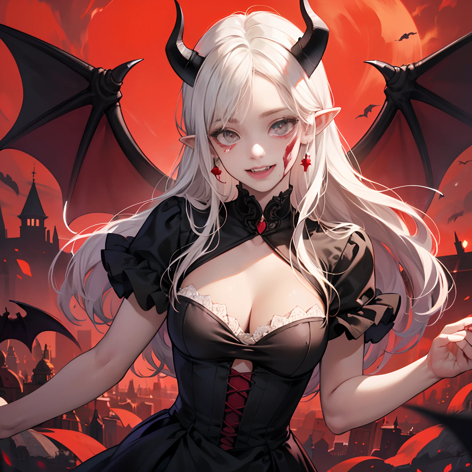 (Masterpieces: 1.2, highest quality), (Best lighting, very delicate and beautiful), (Best lighting, very delicate and beautiful), (Beautiful Detailed Face), (Detailed Eyes and Detailed Faces: 1.2), Fantasy, Vampires, (Young Girl, Little Beast, 1girl, Solo, Crazy Smile, Pale Skin, White Hair, Red Glistening Eyes, Blood Tears, Blood dripping from Fangs, pointy_ears, Fangs, Bat Wings, Demon Horns, ((blood on face))), dynamic angle, dynamic pose, vampire fangs, (get vampire castle in the background), ( red sky),friendly and smiling, peaceful, (depth of field), (blood splash: 1.4), cowboy shot, full body, fully clothed, giga_busty --auto