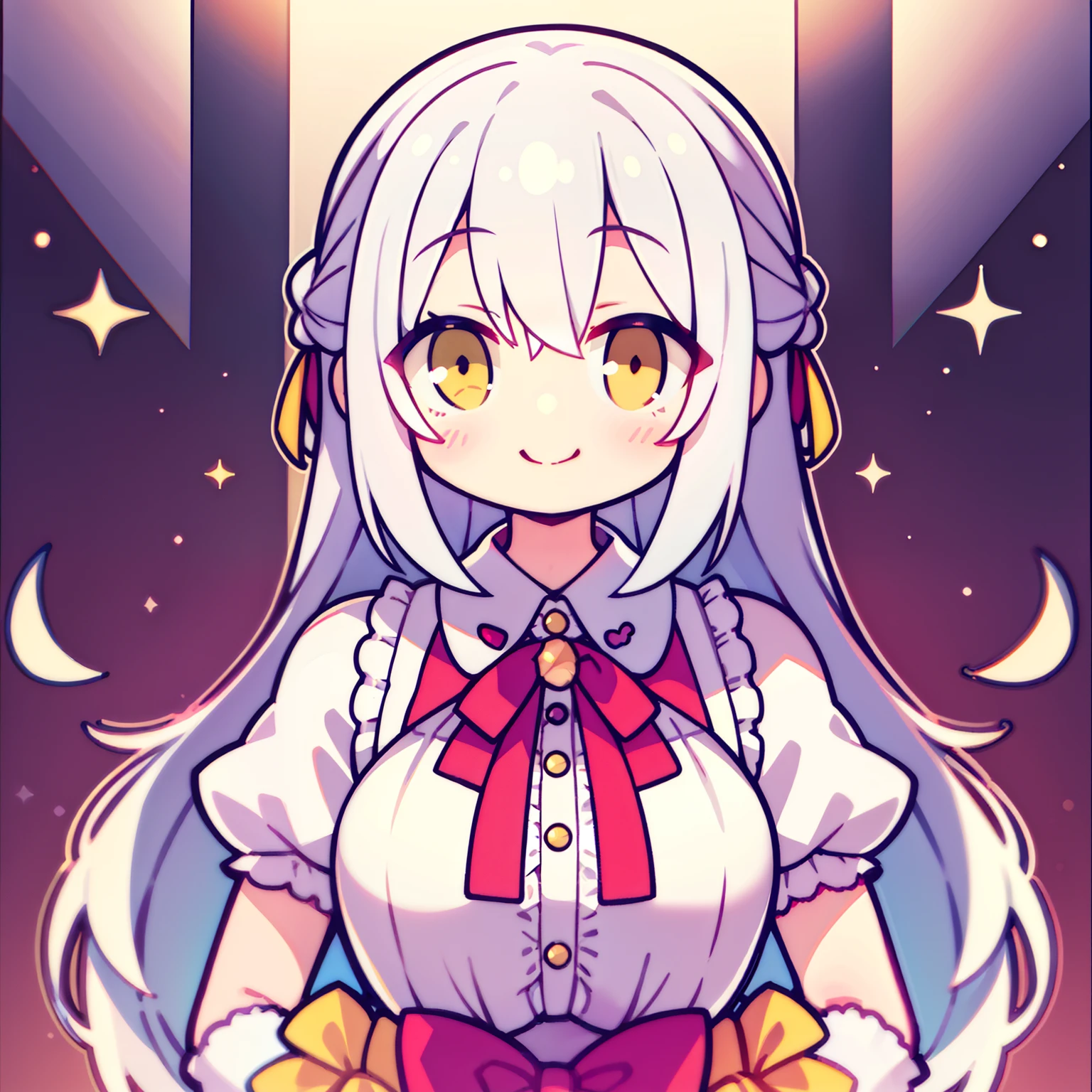 Lovely,kawaii girl,big yellow eyes,rosy cheeks, frilly socks,pastel dress,1:1 head to body, smiling happily, white hair, plain backdrop,Upper Body