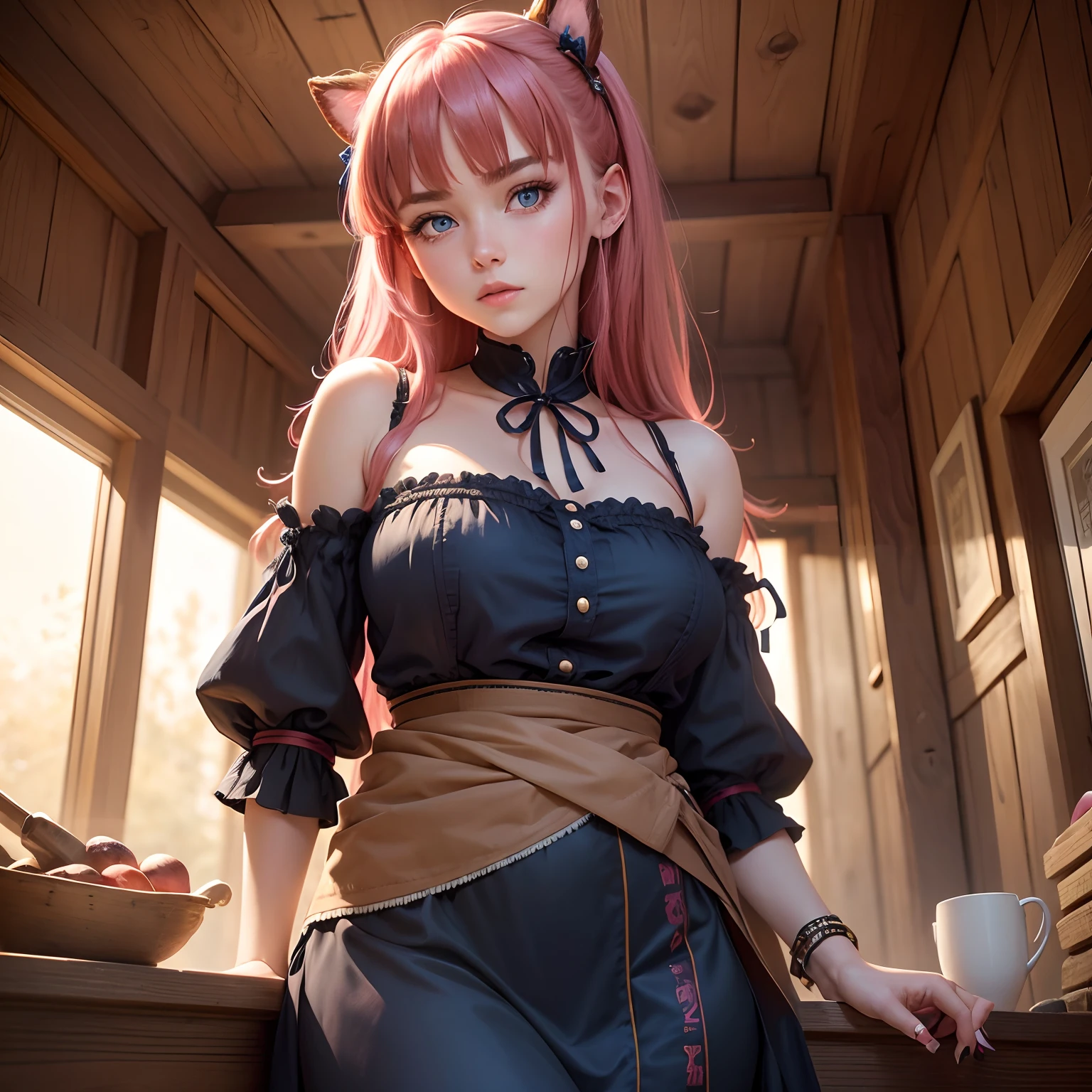 8k, masterpiece, best quality, realistic, higly detailed, cowboy shot, 1girl, solo, Nino, cute, cold-looking girl, waist-length straight hair, square bangs hanging over eyebrows, reddish-pink hair, twin butterfly-shaped ribbons on both sides of head, dark blue eyes, average height, well-endowed figure, large breasts, fashionable girl, various cute accessories, takes care of nails, Tavern Keeper