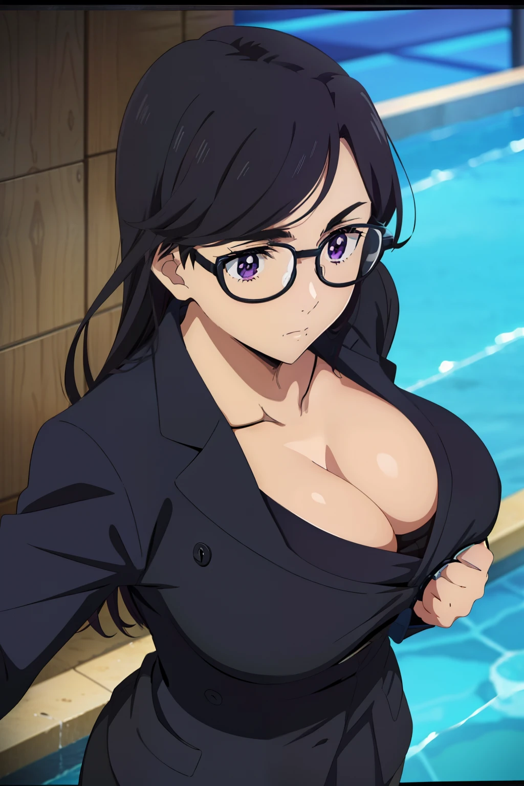 anime cels style, best quality, high resolution, pool,1girl, minakatahizuru, (black hair:1.1), (purple eyes:0.7), (black-framed eyewear:1.3), (huge breasts:1.2), black jacket, black suit