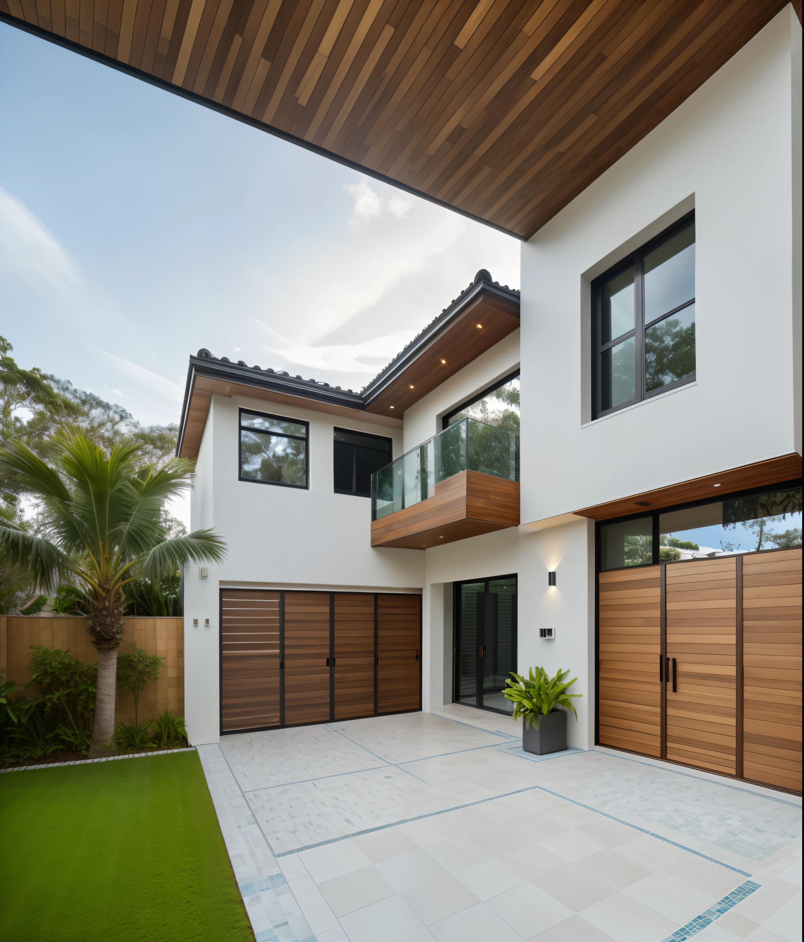 RAW photo,Masterpiece, high quality, best quality, authentic, super detail, townhouse, modern house with (tile wall:1.2), glass windows, (wooden ceiling:1.1), railing glass, gate, fence, (curve:1.1),tropical trees, day, beautifu sky, (high detailed :1.2), 8k uhd, dslr, soft lighting, high quality, film grain, Fujifilm XT3