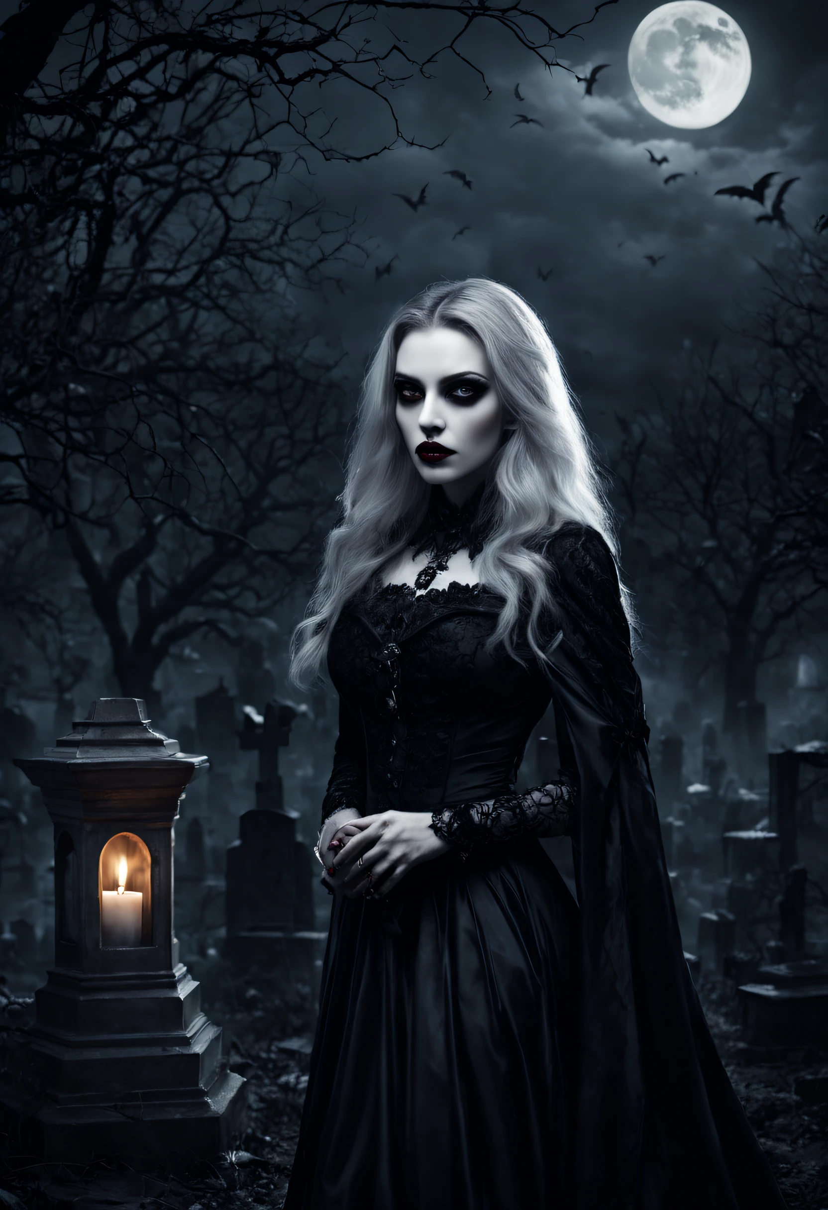 "vampire, detailed eyes, detailed lips, coffin, dark atmosphere, eerie, gothic art, high contrast shadows, misty ambiance, hauntingly beautiful, moonlight, mysterious, dramatic, supernatural, ethereal, black and white, vampire fangs, pale skin, creepy, nocturnal creature, gothic architecture, moonlit cemetery, bats flying, candlelight, eerie silence, morbidity, vampire awakening, ancient, immortal, moonlit sky, ghostly presence, chilling, solitary, somber, macabre, horror, spooky, eerie stillness, cryptic"