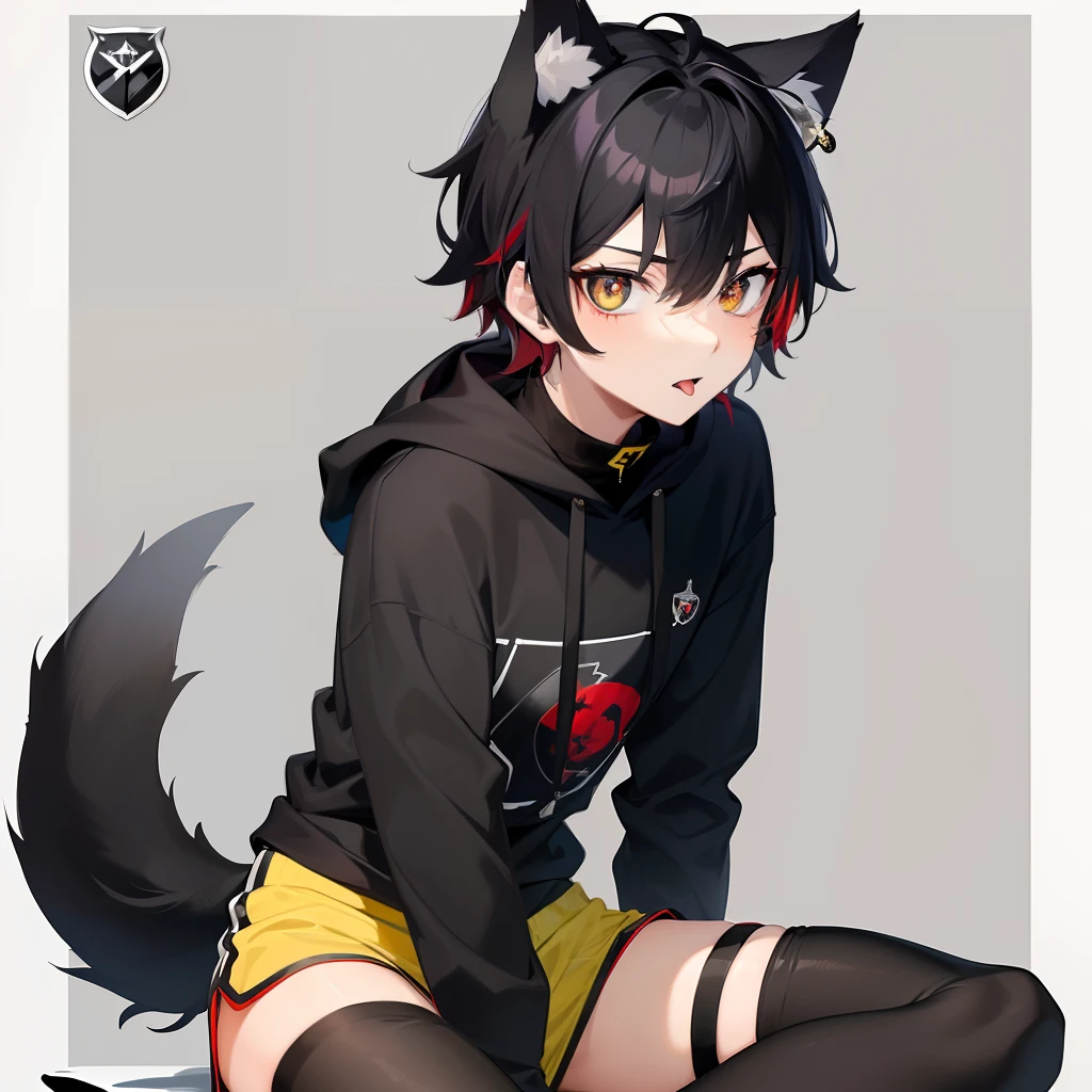 masterpiece, best quality, anime, Sora, ((Boy)), cute, Turtleneck with white stripes, Hoodie off-shoulder,. Sideview, ((Red and Grey eyes, pupil on the red Eye in yellow shaped like a Radiation emblem)), ((Black Wolf tail and ears)), Cute expression, Black and white Sport-Shorts with Thigh Highs, tongue sticking out