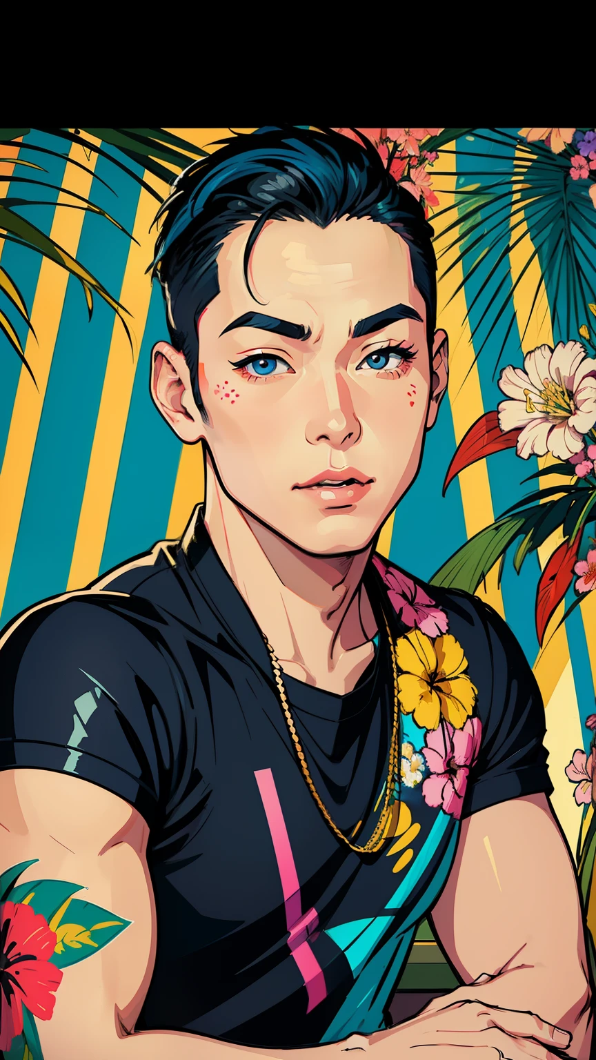 Create digital artwork in the Pop Art style, Featuring a vibrant and confident Asian man,street fashion, Movie color scheme, Surrounded by vintage flower motifs, Vibrant brushstrokes,Emotions should be dynamic, Upper body, Drawing, illustration, escala cinza, tropical, Many flowers,