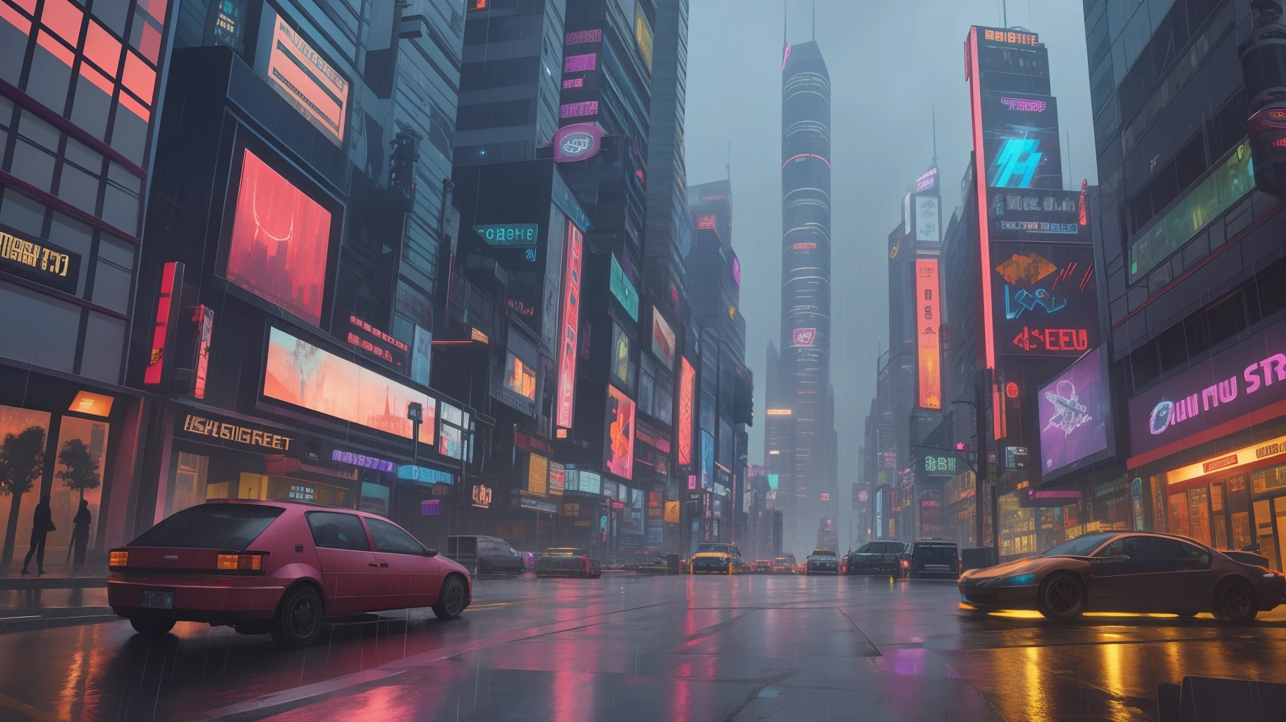 Create a bustling cityscape with neon-lit skyscrapers, flying cars, and rain-soaked streets, capturing the essence of cyberpunk. --auto --s2