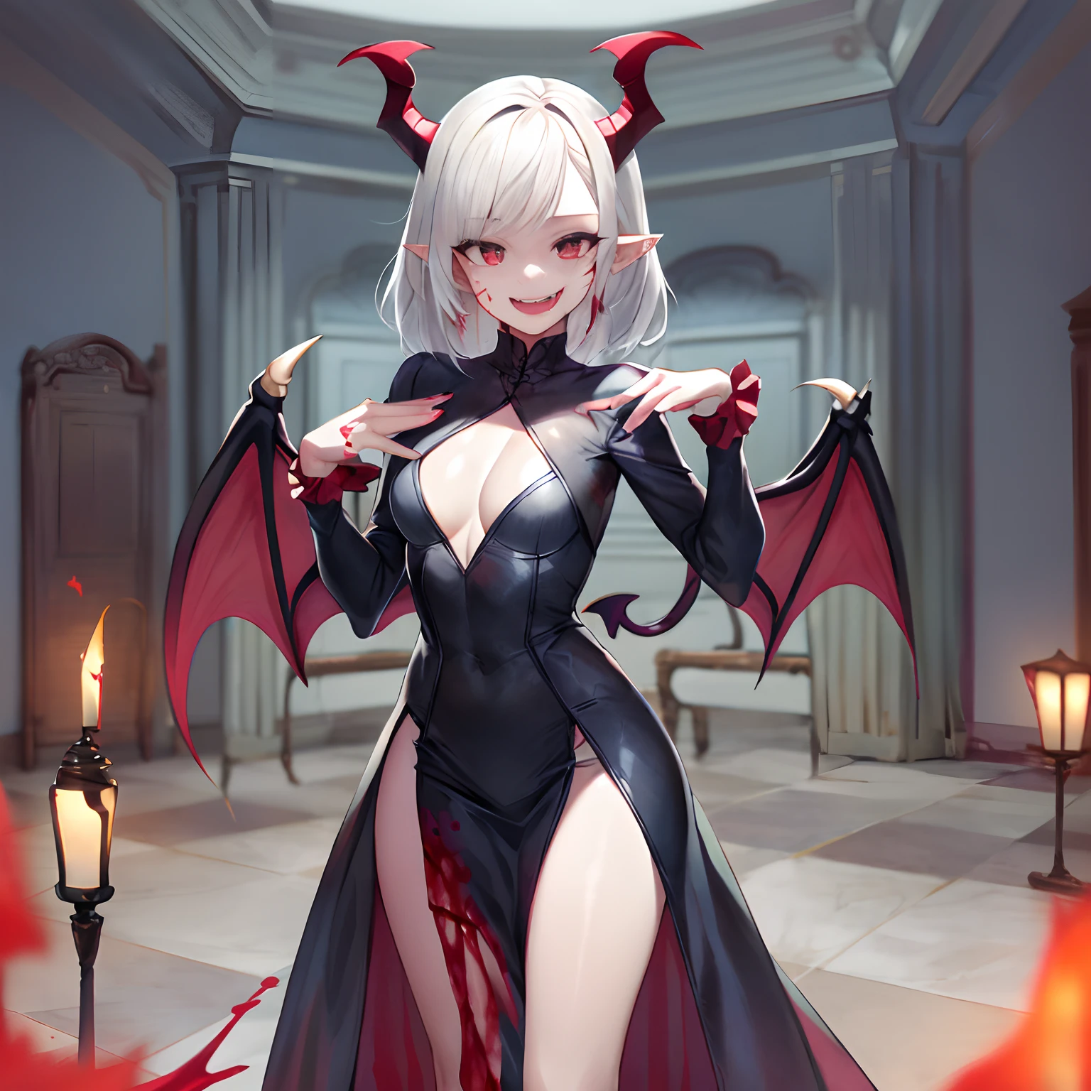 (Masterpieces: 1.2, highest quality), (Best lighting, very delicate and beautiful), (Best lighting, very delicate and beautiful), (Beautiful Detailed Face), (Detailed Eyes and Detailed Faces: 1.2), Fantasy, Vampires, (Young Girl, Little Beast, 1girl, Solo, Crazy Smile, Pale Skin, White Hair, Red Glistening Eyes, Blood Tears, Blood dripping from Fangs, pointy_ears, Fangs, Bat Wings, Demon Horns, ((blood on face))), dynamic angle, dynamic pose, vampire fangs, (get vampire castle in the background), ( red sky),friendly and smiling, peaceful, (depth of field), (blood splash: 1.4), cowboy shot, full body, fully clothed, giga_busty