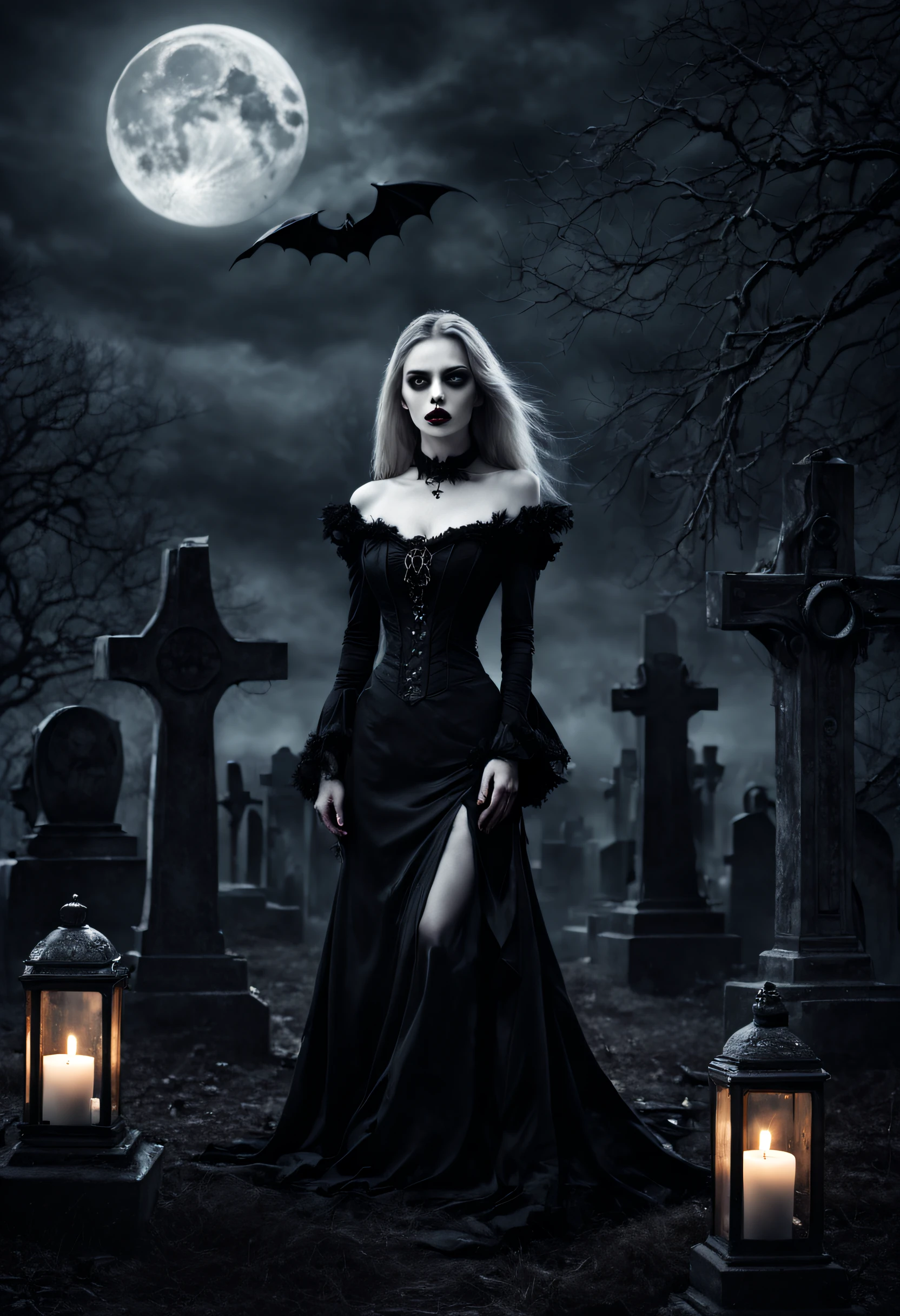 "vampire, detailed eyes, detailed lips, coffin, dark atmosphere, eerie, gothic art, high contrast shadows, misty ambiance, hauntingly beautiful, moonlight, mysterious, dramatic, supernatural, ethereal, black and white, vampire fangs, pale skin, creepy, nocturnal creature, gothic architecture, moonlit cemetery, bats flying, candlelight, eerie silence, morbidity, vampire awakening, ancient, immortal, moonlit sky, ghostly presence, chilling, solitary, somber, macabre, horror, spooky, eerie stillness, cryptic"