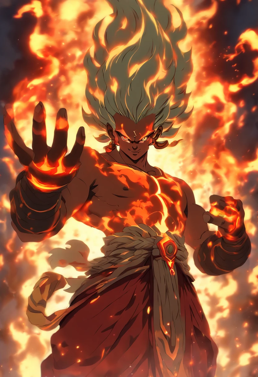 (((AGNI))) best quality, ultra-high resolution, 4K detailed CG, masterpiece, Man, Three legs, Seven hands, Fire, Indian clothing, Hindu mythology, ((Hindu God)), Painting style Hinduist, aesthetic, screen-centric, full body
