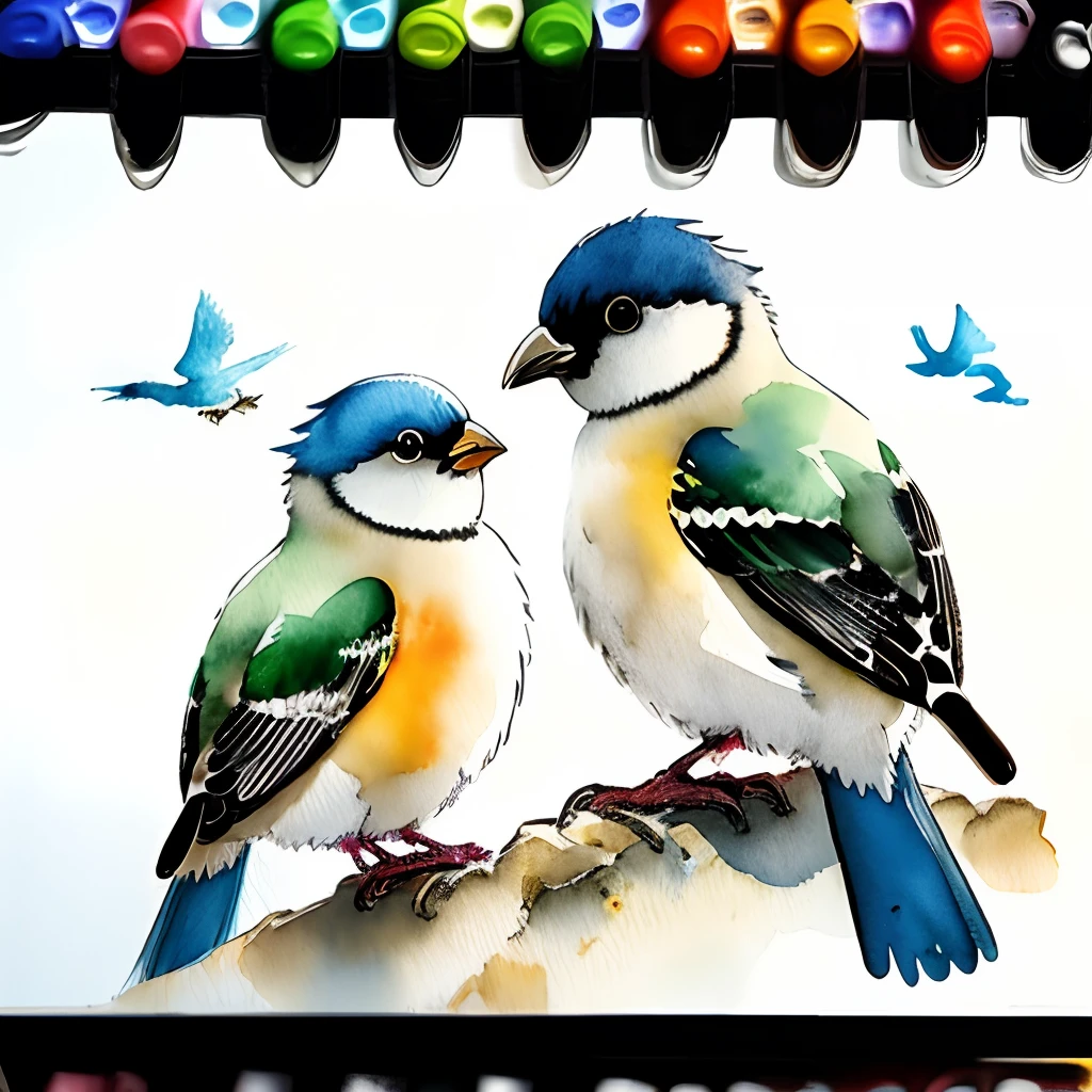 birds, japanese manga style, Sketched, Watercolor Colors.