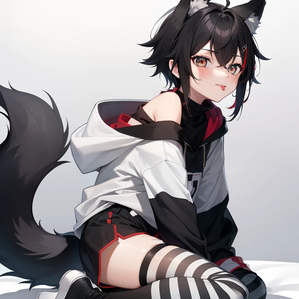 masterpiece, best quality, anime, Sora, ((Boy)), cute, Black Hoodie with white stripes, Sideview, ((Red and Grey eyes)), ((Black Really Fluffy Wolf tail and ears)), Cute expression, Black and white Sport-Shorts with Thigh Highs. Eating pizza