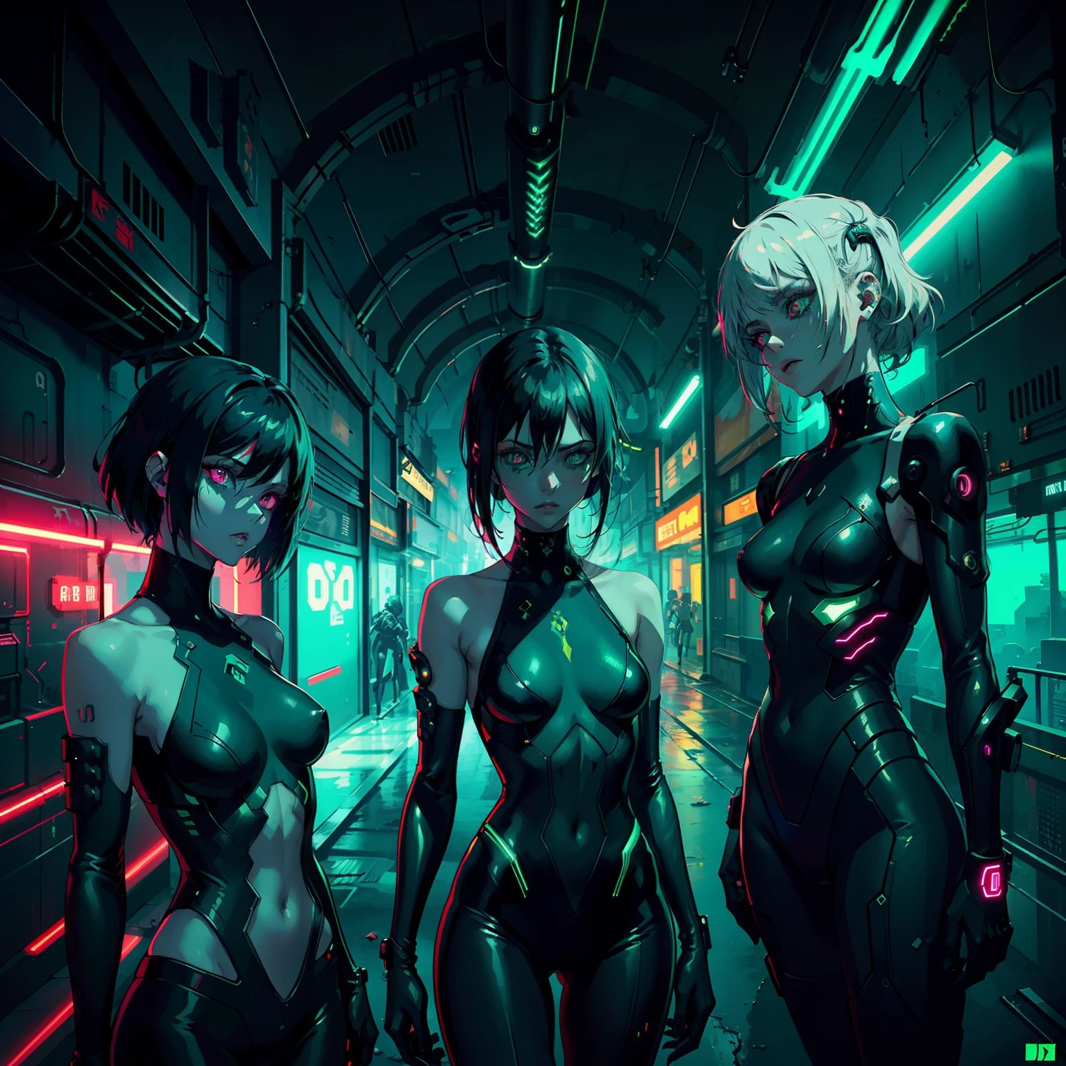 uma sexy busty gangue de s andando em um tunel, only green neon lights, imagem estilo cyberpunk, roupas cyberpunk, Neonoir, ambiente ultra escuro, only minimal green neon, close-up shot