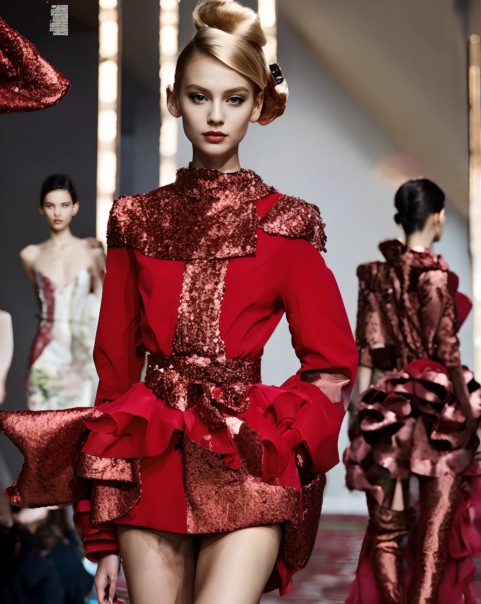High fashion, combine shrimp sushi pattern live shrimp on dress as accessory neck++nigiri in dress haute couture++ haute couture pro pfotoshoot, fashion editorial vog , magazine, blond girl futuristic fashion shrimp gamba roja nigiri++,