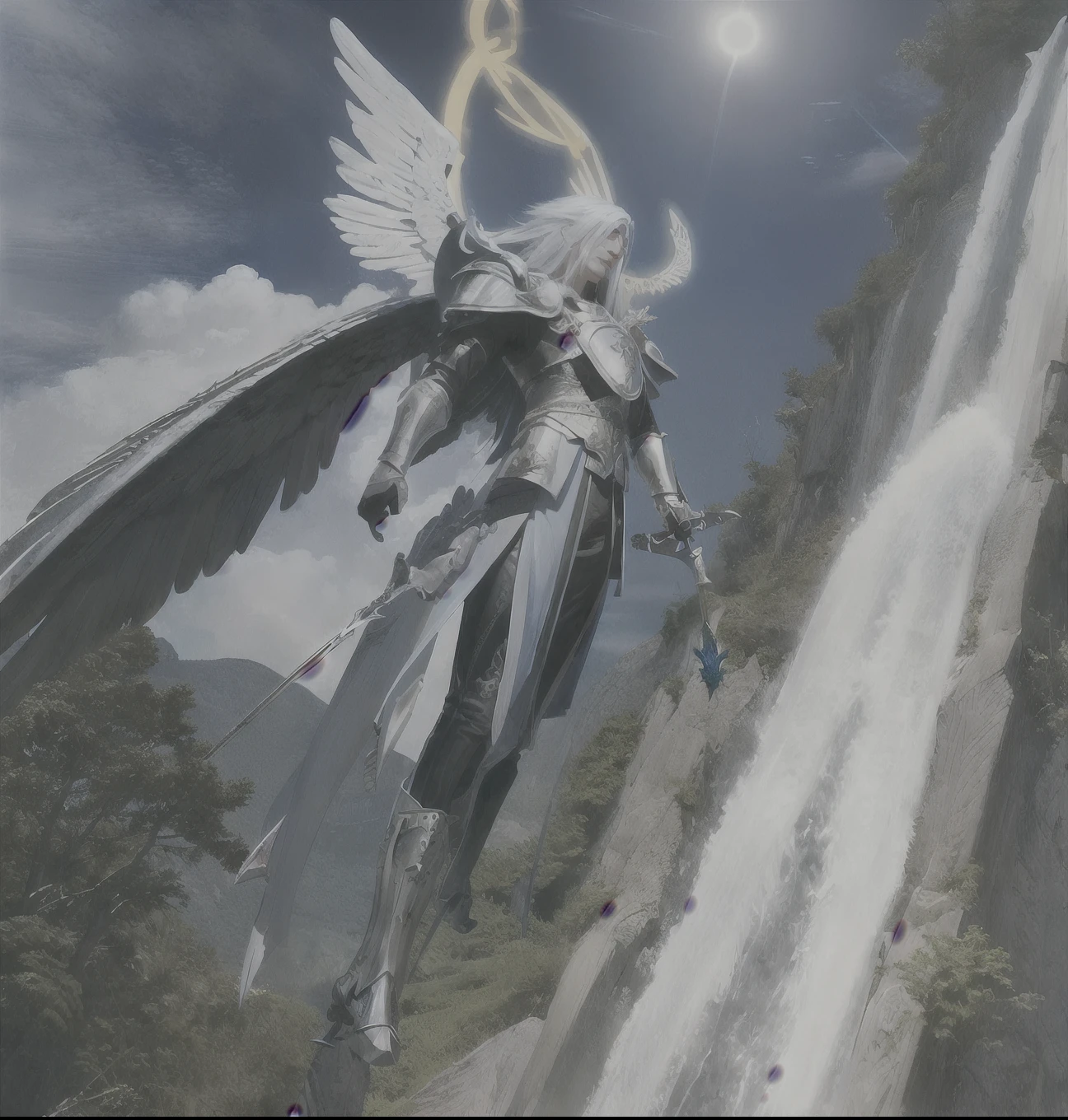 pintura de um desenho de um anjo masculino segurando uma espada, arcanjo, Arcanjo Miguel, serafim, angel in plastic armor, Paladino Santo, as a mystical valkyrie, saint michael the angel, the angel of death with a halo, inspired not Aquirax One, Um Anjo da Luz do Amanhecer, anjo, Sephiroth, pintado no estilo arcano