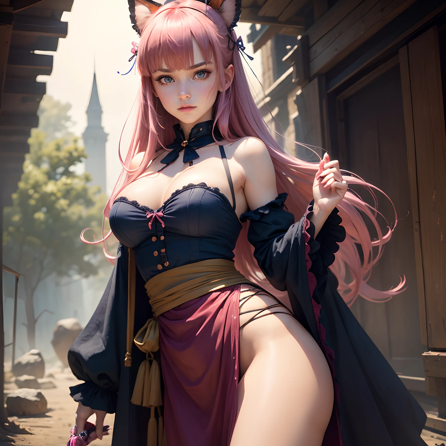 8k, masterpiece, best quality, realistic, higly detailed, cowboy shot, 1girl, solo, Nino, cute, cold-looking girl, waist-length straight hair, square bangs hanging over eyebrows, reddish-pink hair, twin butterfly-shaped ribbons on both sides of head, dark blue eyes, average height, well-endowed figure, large breasts, fashionable girl, various cute accessories, takes care of nails, Warlock