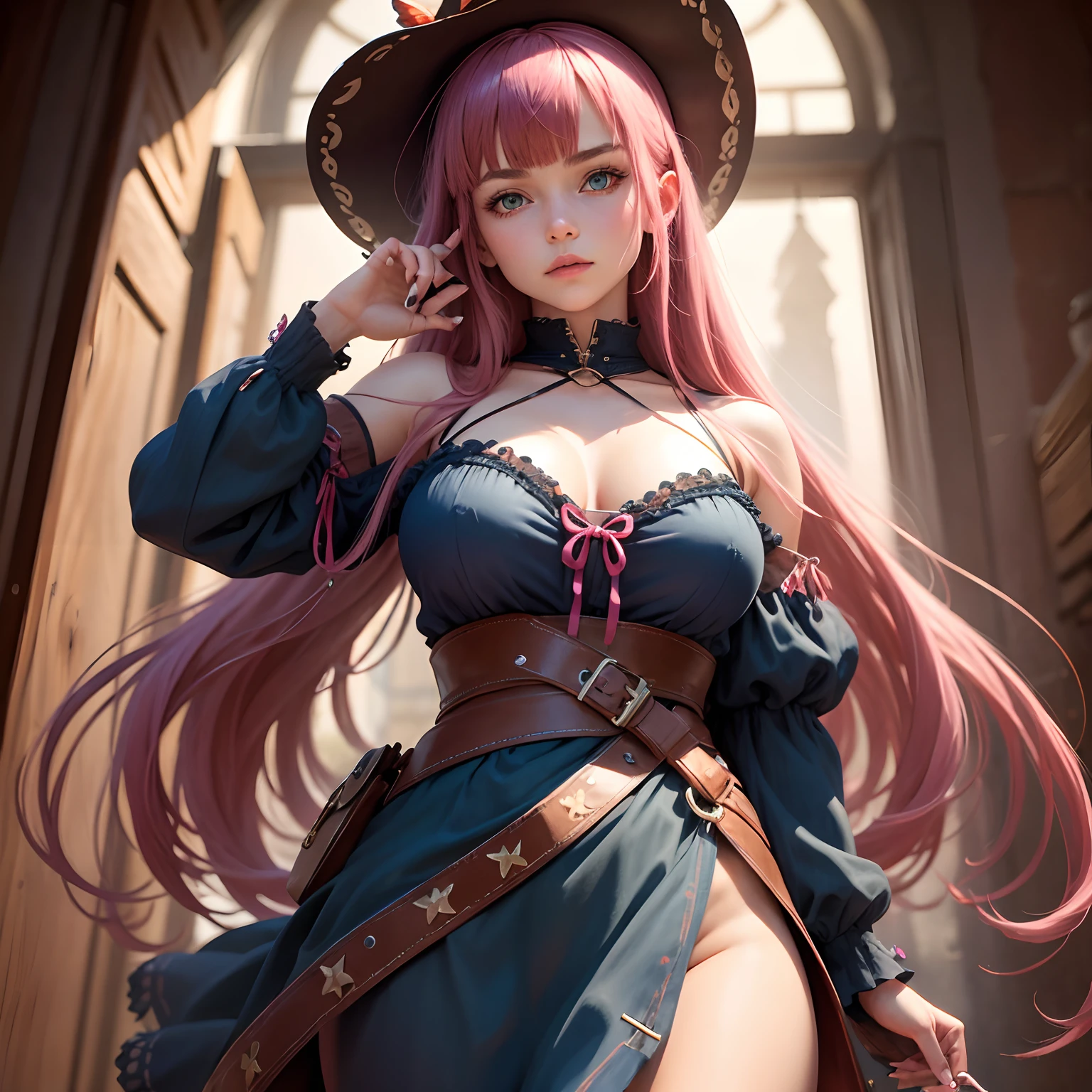 8k, masterpiece, best quality, realistic, higly detailed, cowboy shot, 1girl, solo, Nino, cute, cold-looking girl, waist-length straight hair, square bangs hanging over eyebrows, reddish-pink hair, twin butterfly-shaped ribbons on both sides of head, dark blue eyes, average height, well-endowed figure, large breasts, fashionable girl, various cute accessories, takes care of nails, Warlock