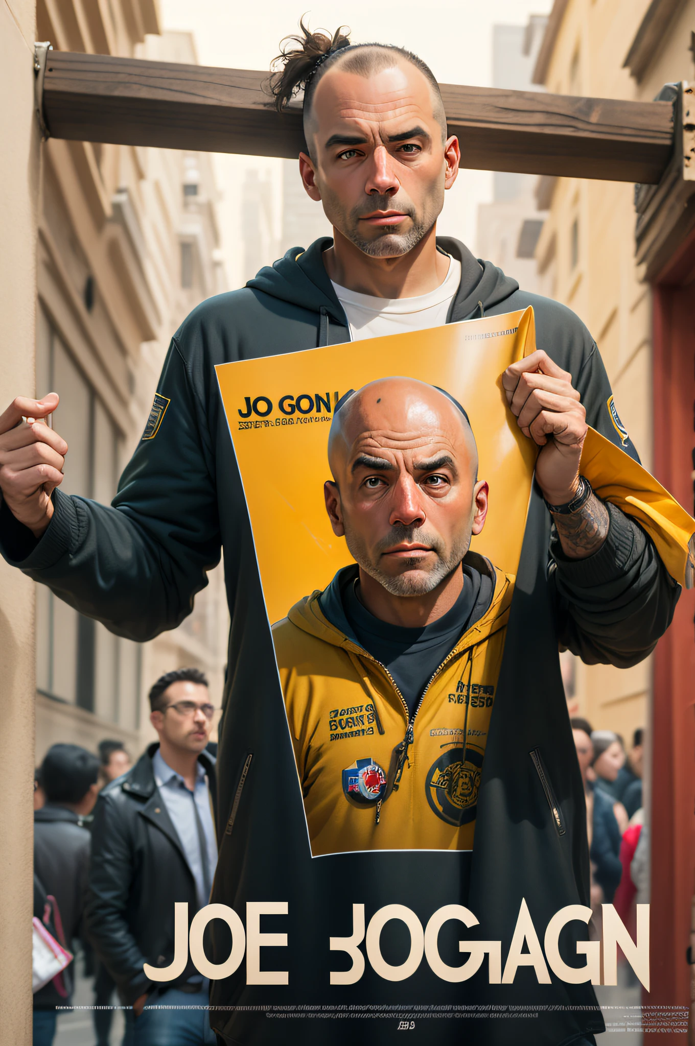 Joe Rogan holding an 18 inches wide by 36 inches tall poster above his head