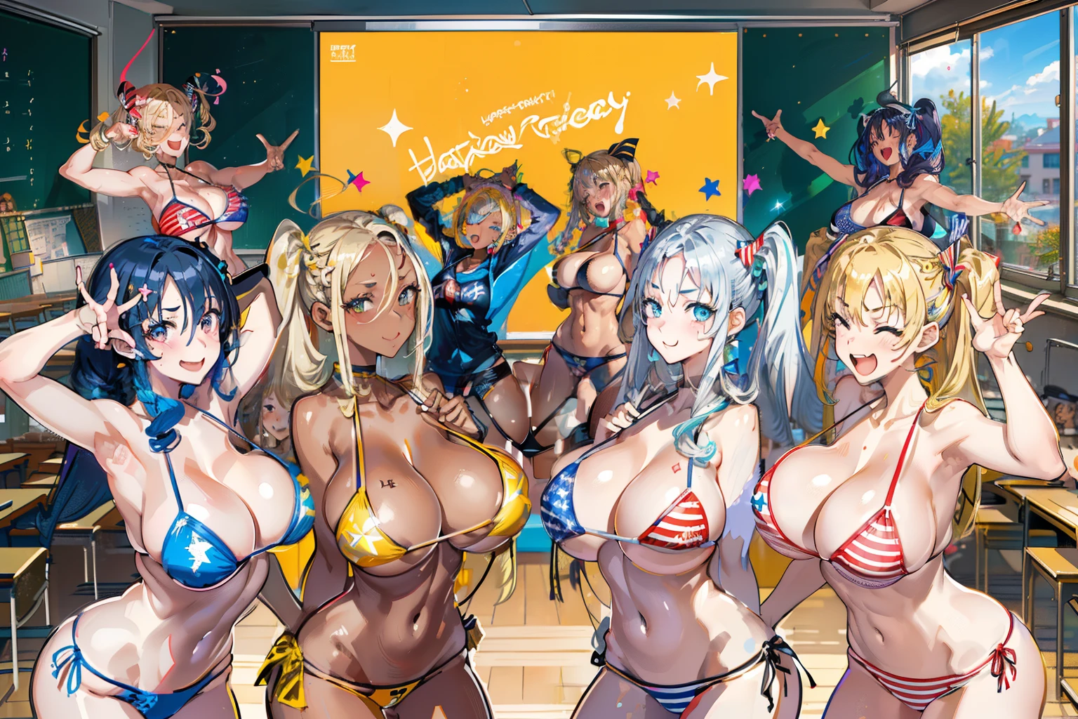 (masterpiece), maximum quality, (Colorful:1.1), (5 girls, group shot:1.4), (slim body:1.1), (huge tits:1.5), (dark skin:1.1), (muscles:1.1), blonde  hair, Silver hair, Twin tails, braid, forehead, (leaning forward:1.4), (Open your mouth, happy smile:1.1), (wink:1.2), peace sign, (stars and stripes bikini, microbikini:1.1), cowboy Shot, (Classroom:1.1), blackboards