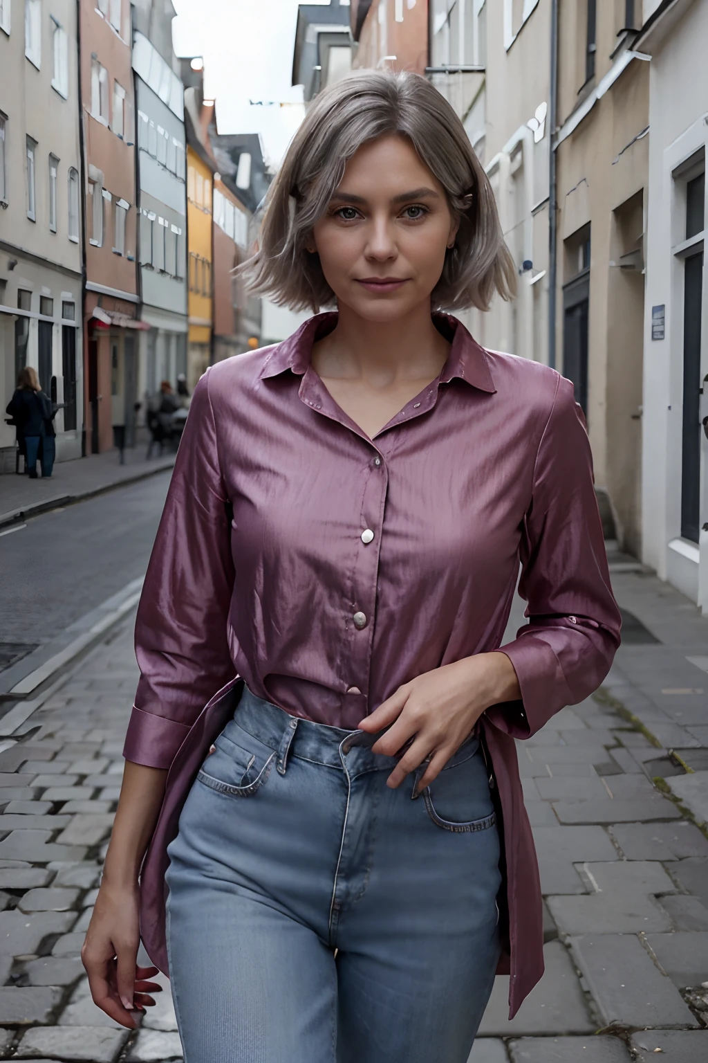 a perfect digital photograph, a beautiful woman 50 years old, short shaggy silver hair, swedish, (Elisa SondStrom), gentle smile on her lips, ((red blouse)), fashionable blue jeans, long ((cream)) coat open, slim hips, standing on a street in Copenhagen,