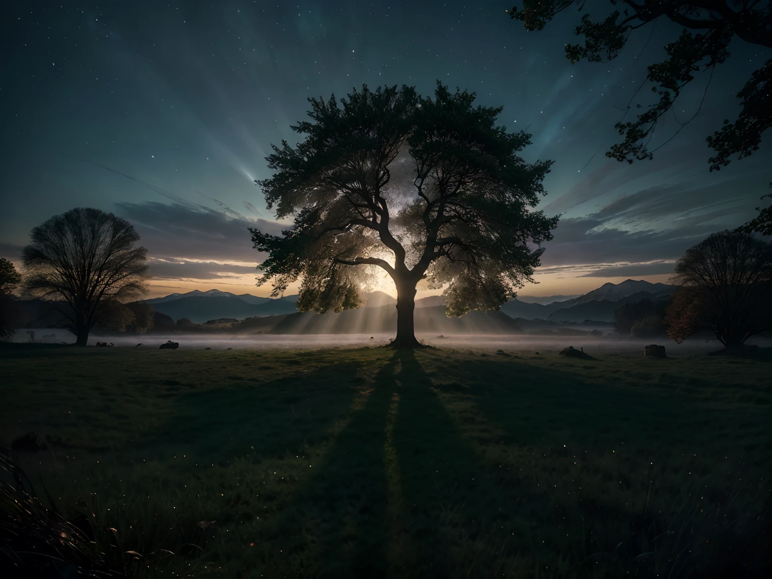 (a standing,solitary,mystical ancient tree,starry sky,unique lighting),(best quality,4k,8k,highres,masterpiece:1.2),ultra-detailed,(realistic,photorealistic,photo-realistic:1.37),illustration,gorgeous branches,intricate tree bark,dark silhouette of the tree,glowing orbs floating around the tree,soft moonlight illuminating the scene,magical atmosphere,ethereal glow,subtle mist in the background,distant mountains,silhouettes of animals in the shadows,vibrant colors contrasting with the dark tree,deep sense of tranquility,awe-inspiring view,mesmerizing beauty of nature,sublime landscape,otherworldly presence,sense of mystery and wonder,ancient wisdom,breathtaking composition,dreamlike quality,picturesque scene,details of leaves and foliage capturing the texture,timeless aura,fairy tale-like ambiance,hauntingly beautiful scene,surreal elements blended with reality,dramatic perspective drawing attention to the tree,impressive scale and grandeur,whisper of the wind resonating through the branches.