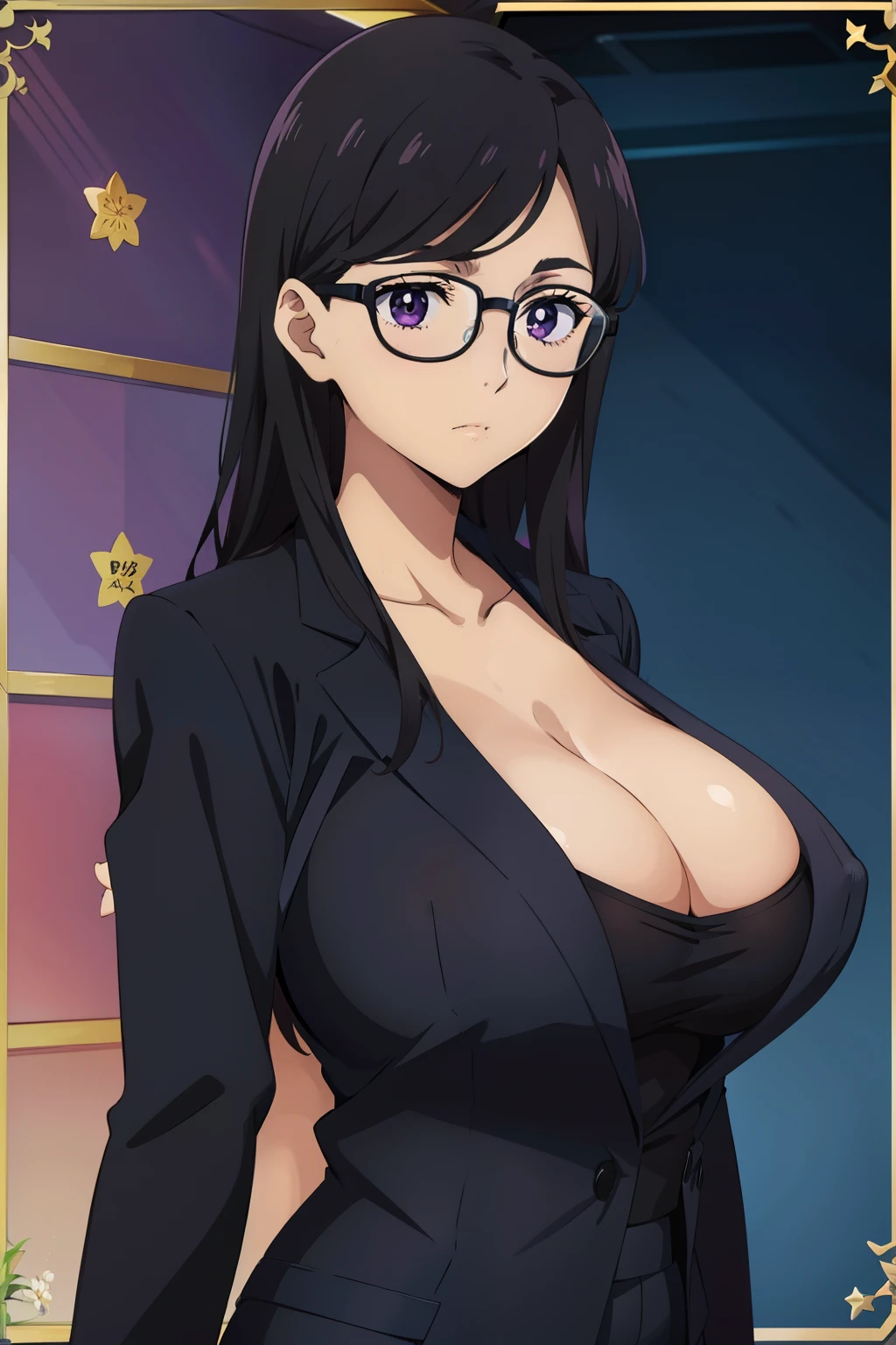 anime cels style, best quality, high resolution,1girl, minakatahizuru, (black hair:1.1), (purple eyes:0.7), (black-framed eyewear:1.3), (huge breasts:1.2), cleavage, black jacket, black suit