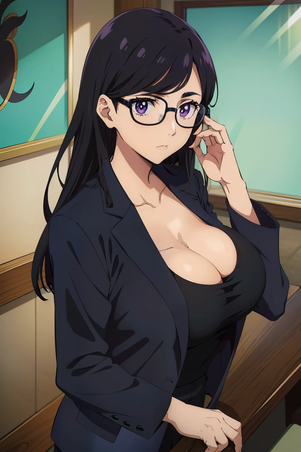 anime cels style, best quality, high resolution,1girl, minakatahizuru, (black hair:1.1), (purple eyes:0.7), (black-framed eyewear:1.3), (huge breasts:1.2), cleavage, black jacket, black suit