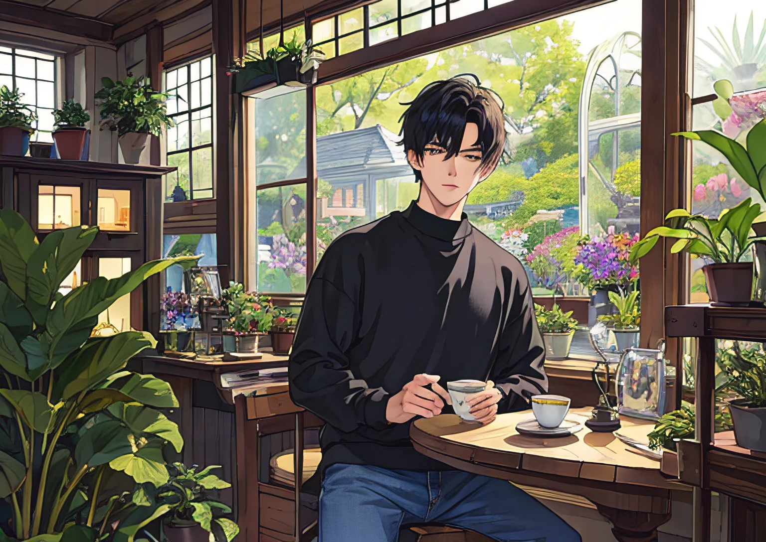 (top-quality、masterpiece, detailed)、1 boy、20 years old, handsome face、Short black hair、big detailed eyes、detailed face, jeans, sweatshirt, Botanical Garden、Flower Shop、The table、florals、tea set、large window、aquarium、houseplant、 The tree,Soft light、ultra high resolution, amazing interior, amazing view outside the window