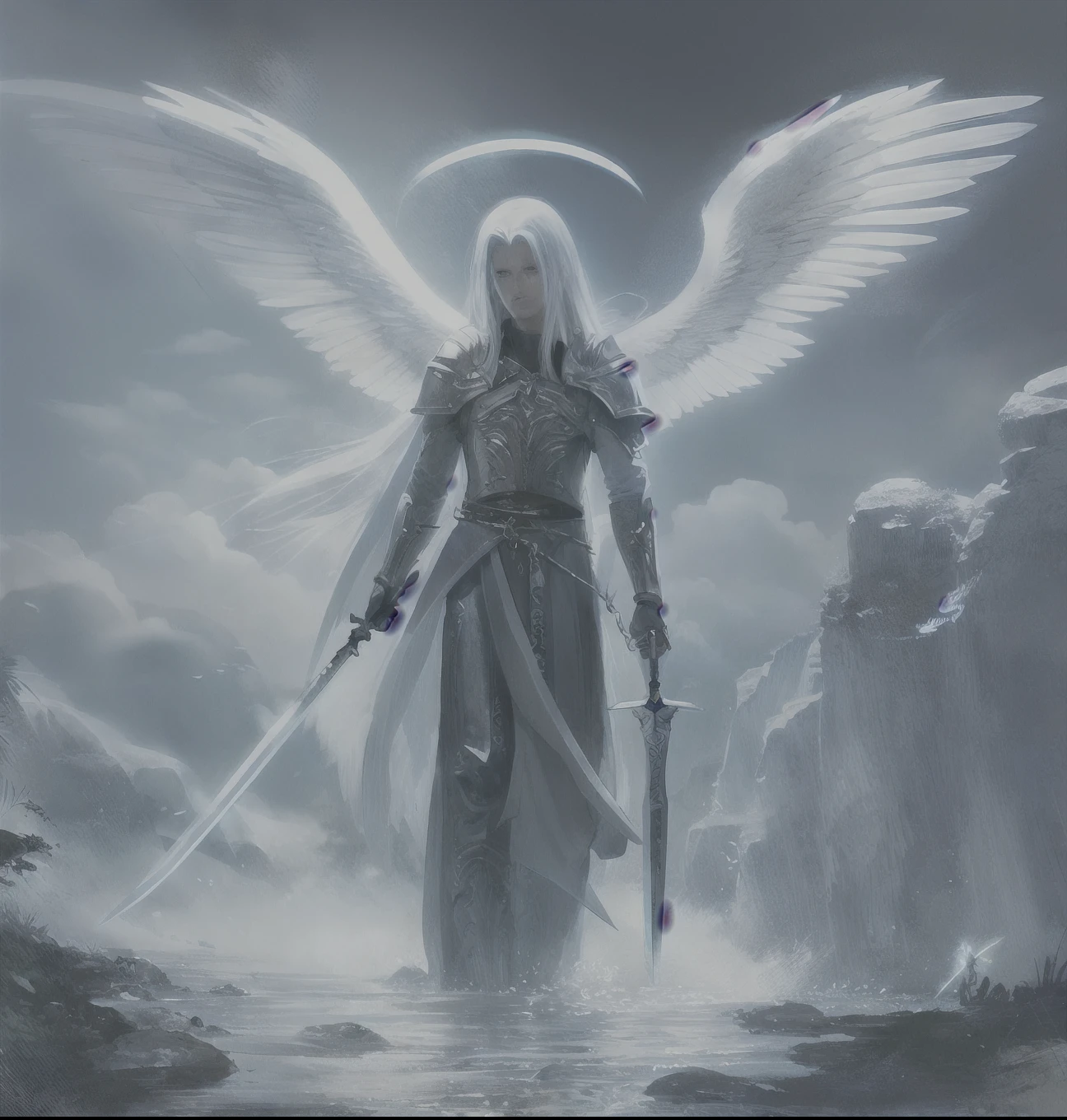 pintura de um desenho de um anjo masculino segurando uma espada, arcanjo, Arcanjo Miguel, serafim, angel in plastic armor, Paladino Santo, as a mystical valkyrie, saint michael the angel, the angel of death with a halo, inspired not Aquirax One, Um Anjo da Luz do Amanhecer, anjo, Sephiroth, pintado no estilo arcano