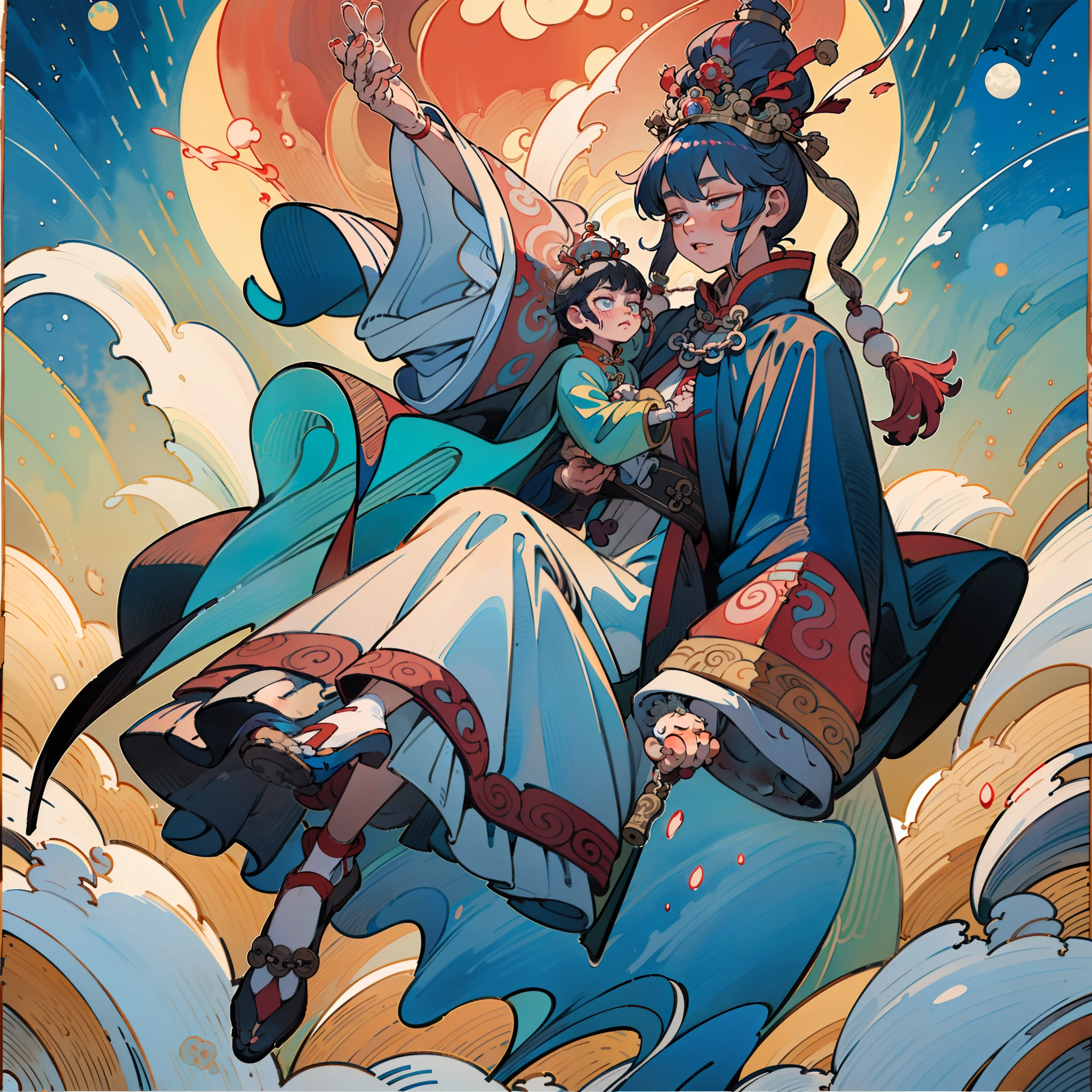 Water colour Painting of The beautiful 16-year-old chinese Queen holds (a little Emperor: 1.5) wearing shavings in her arms, Straight eyes, radiating a brilliant aura, Rosary handle: 1.5), Crown Team, (Systemic: 2.0), full body: 2.0, glowing cloak, Moon pedal foot